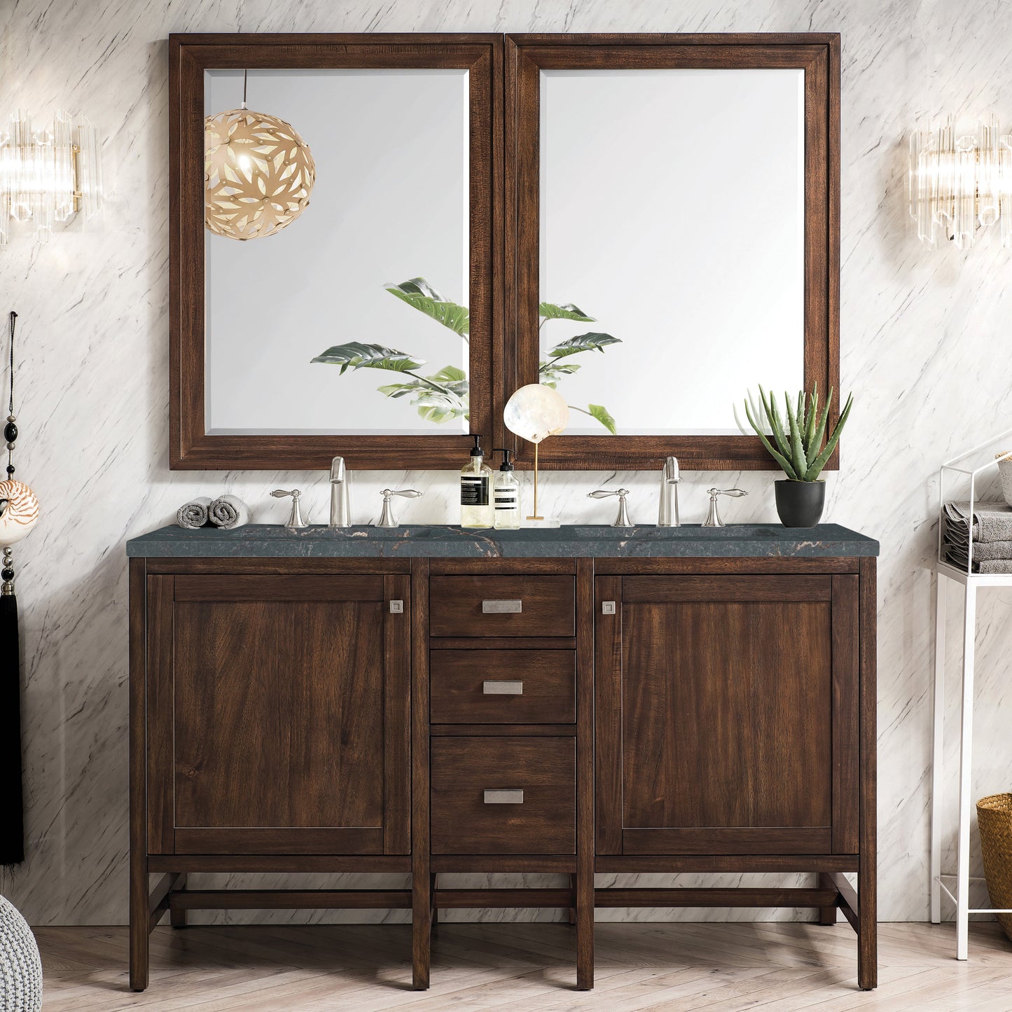 James Martin Vanities Addison 60" Mid-Century Acacia Double Vanity With 3cm Parisien Bleu Quartz Top