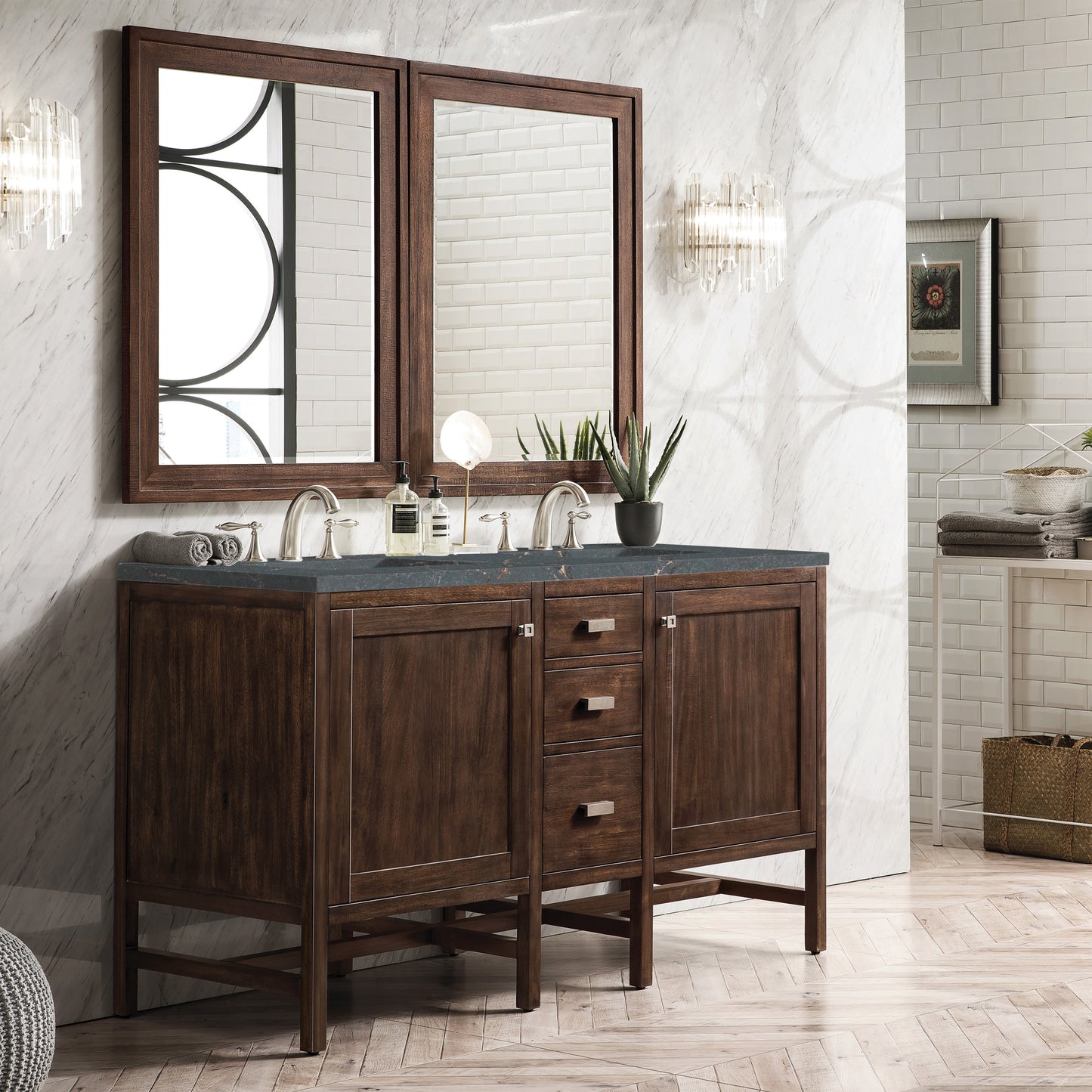 James Martin Vanities Addison 60" Mid-Century Acacia Double Vanity With 3cm Parisien Bleu Quartz Top