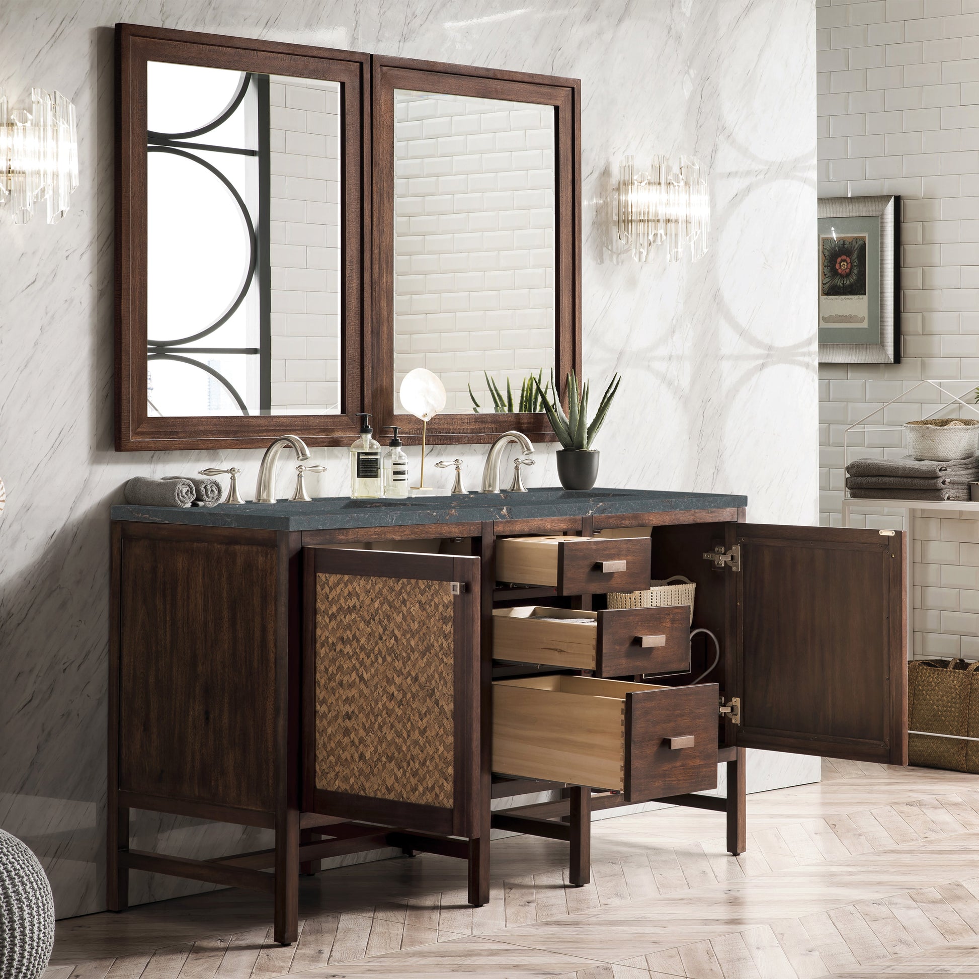 James Martin Vanities Addison 60" Mid-Century Acacia Double Vanity With 3cm Parisien Bleu Quartz Top