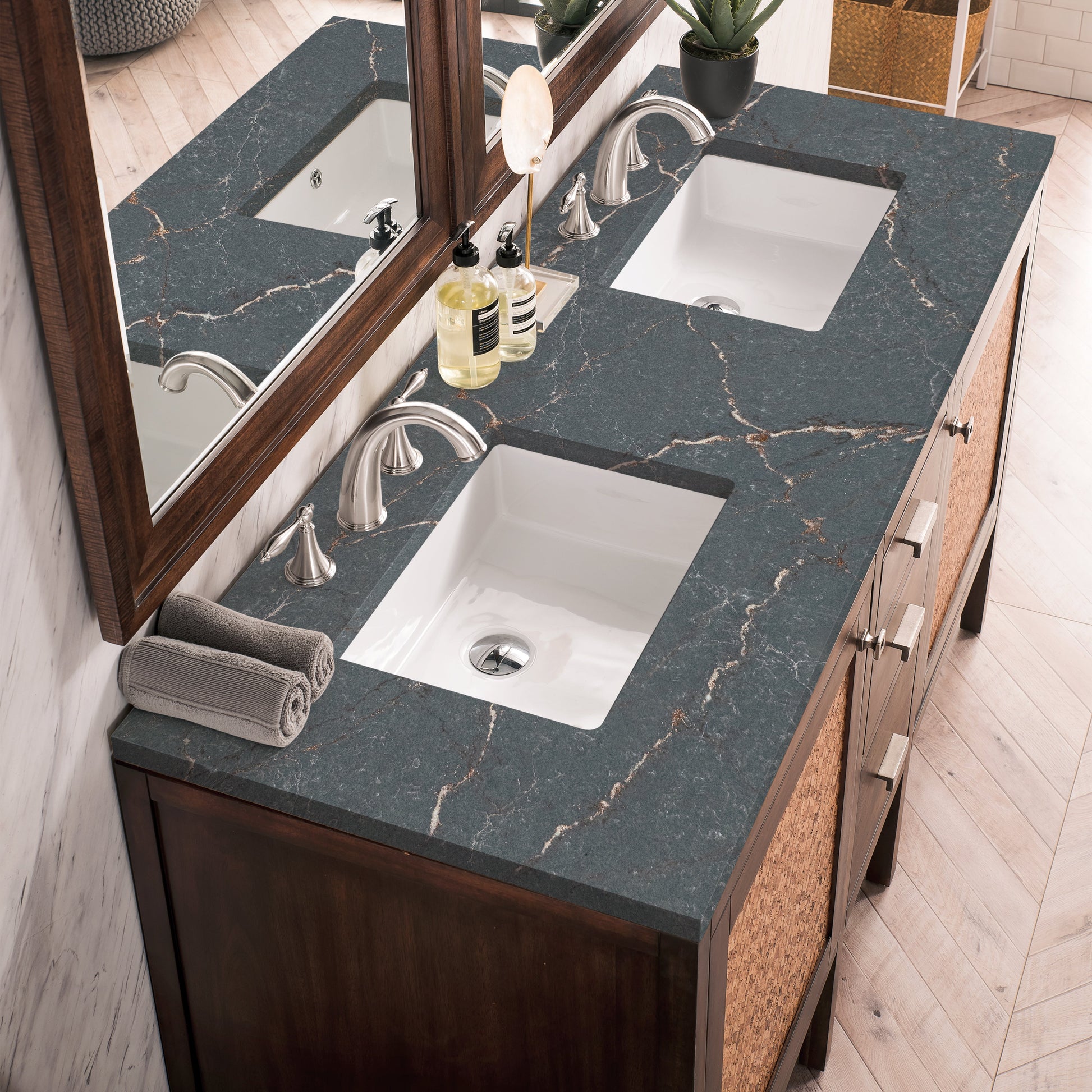 James Martin Vanities Addison 60" Mid-Century Acacia Double Vanity With 3cm Parisien Bleu Quartz Top