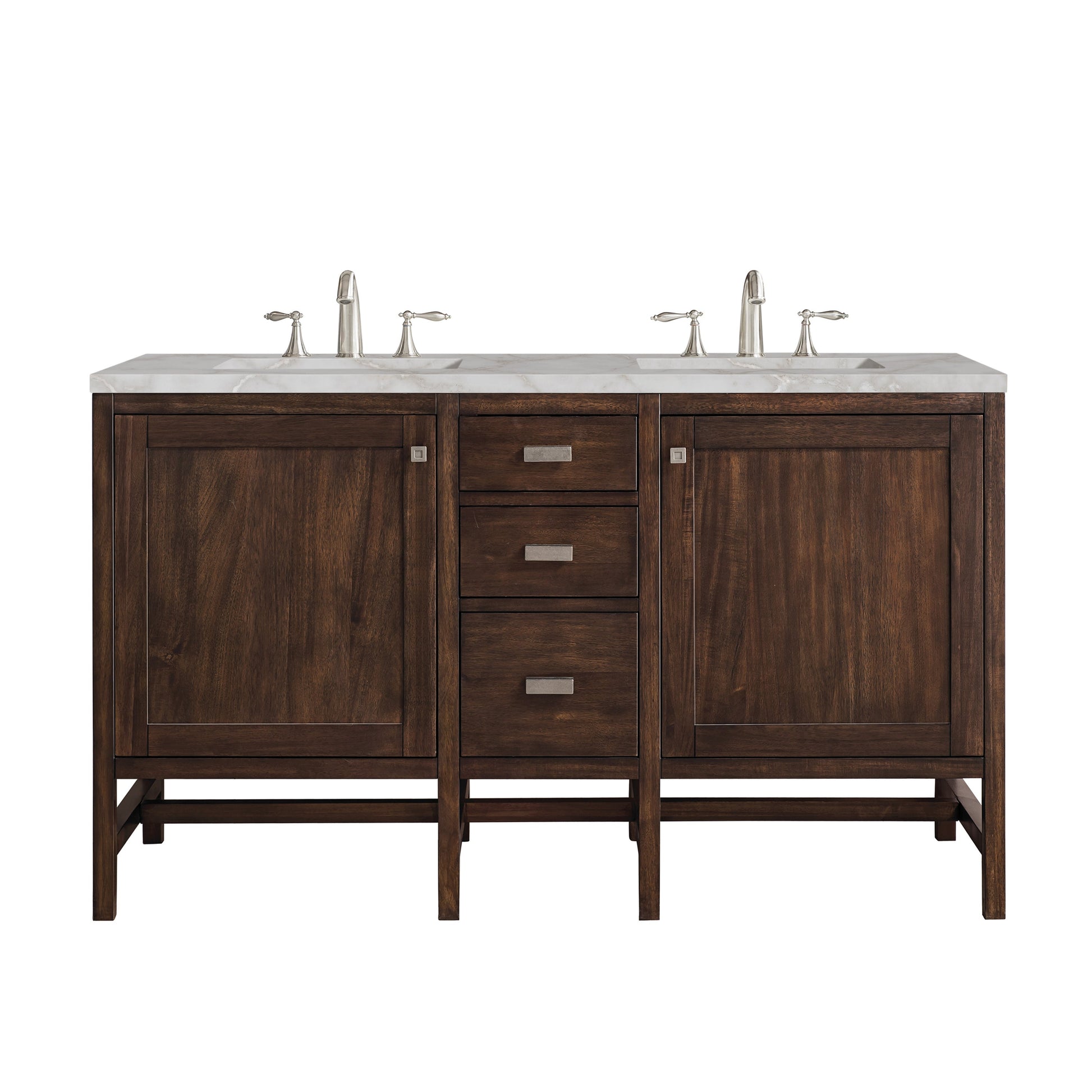 James Martin Vanities Addison 60" Mid-Century Acacia Double Vanity With 3cm Victorian Silver Quartz Top