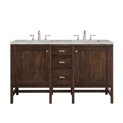 James Martin Vanities Addison 60" Mid-Century Acacia Double Vanity With 3cm Victorian Silver Quartz Top