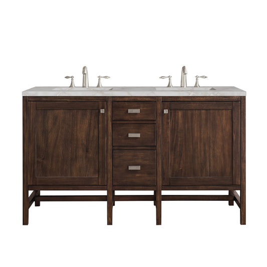 James Martin Vanities Addison 60" Mid-Century Acacia Double Vanity With 3cm Victorian Silver Quartz Top