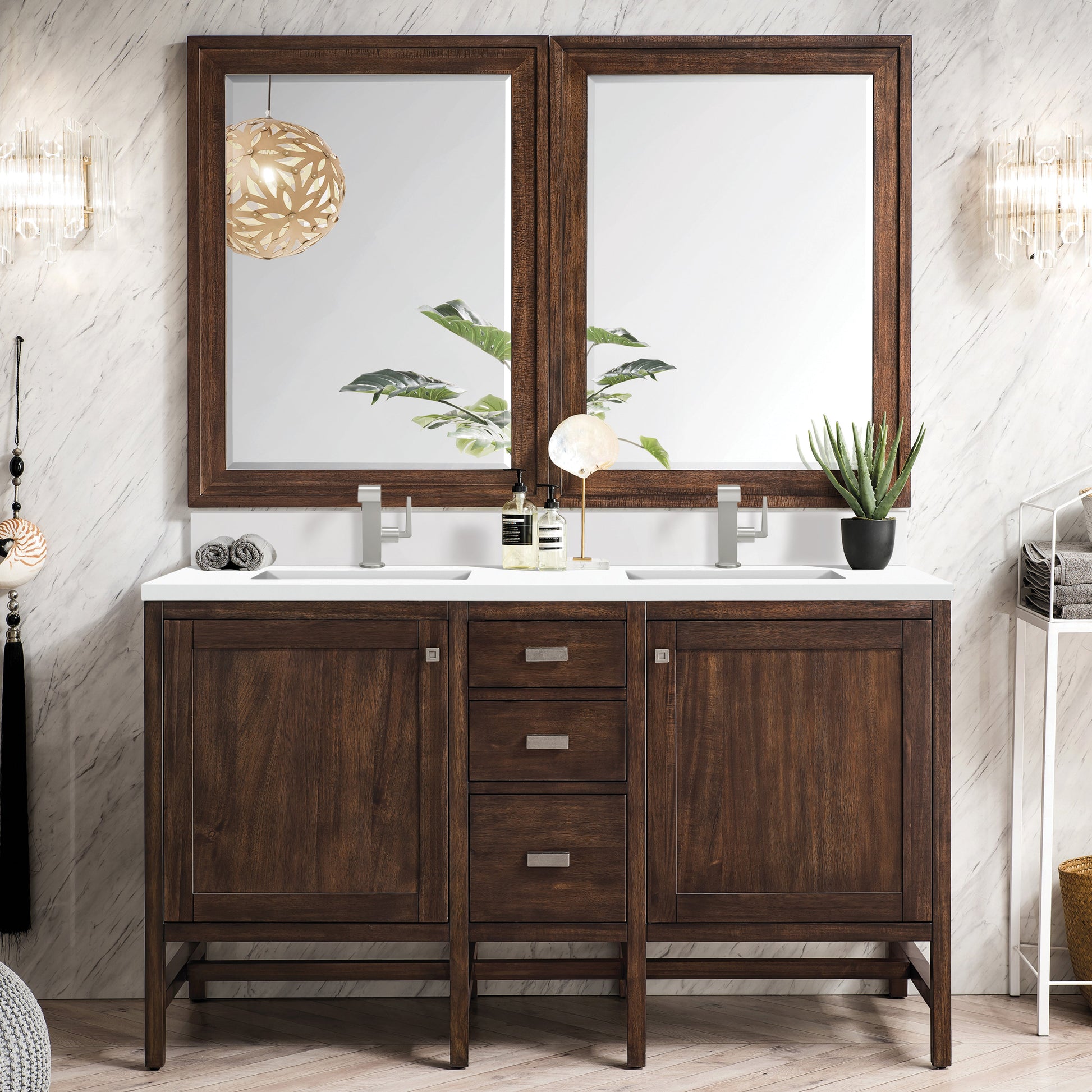 James Martin Vanities Addison 60" Mid-Century Acacia Double Vanity With Single Hole 3cm White Zeus Quartz Top & Backsplash