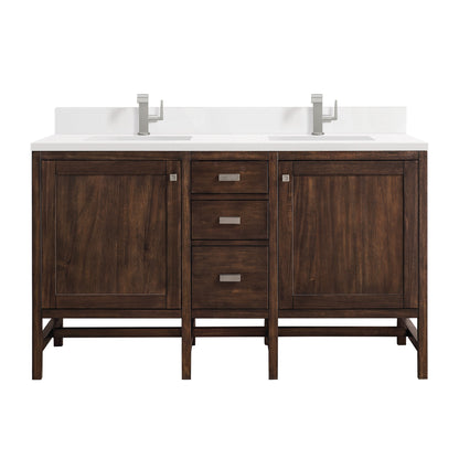 James Martin Vanities Addison 60" Mid-Century Acacia Double Vanity With Single Hole 3cm White Zeus Quartz Top & Backsplash