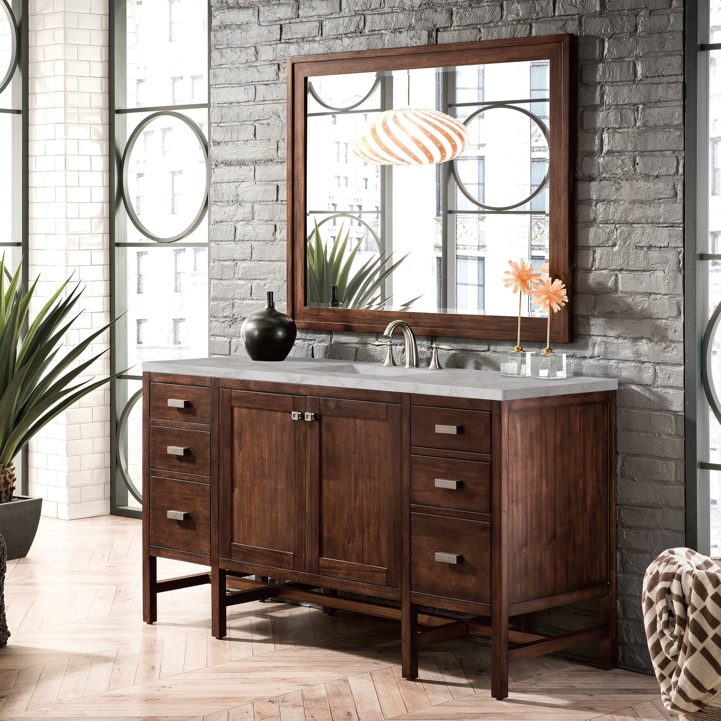 James Martin Vanities Addison 60" Mid-Century Acacia Single Vanity With 3cm Victorian Silver Quartz Top