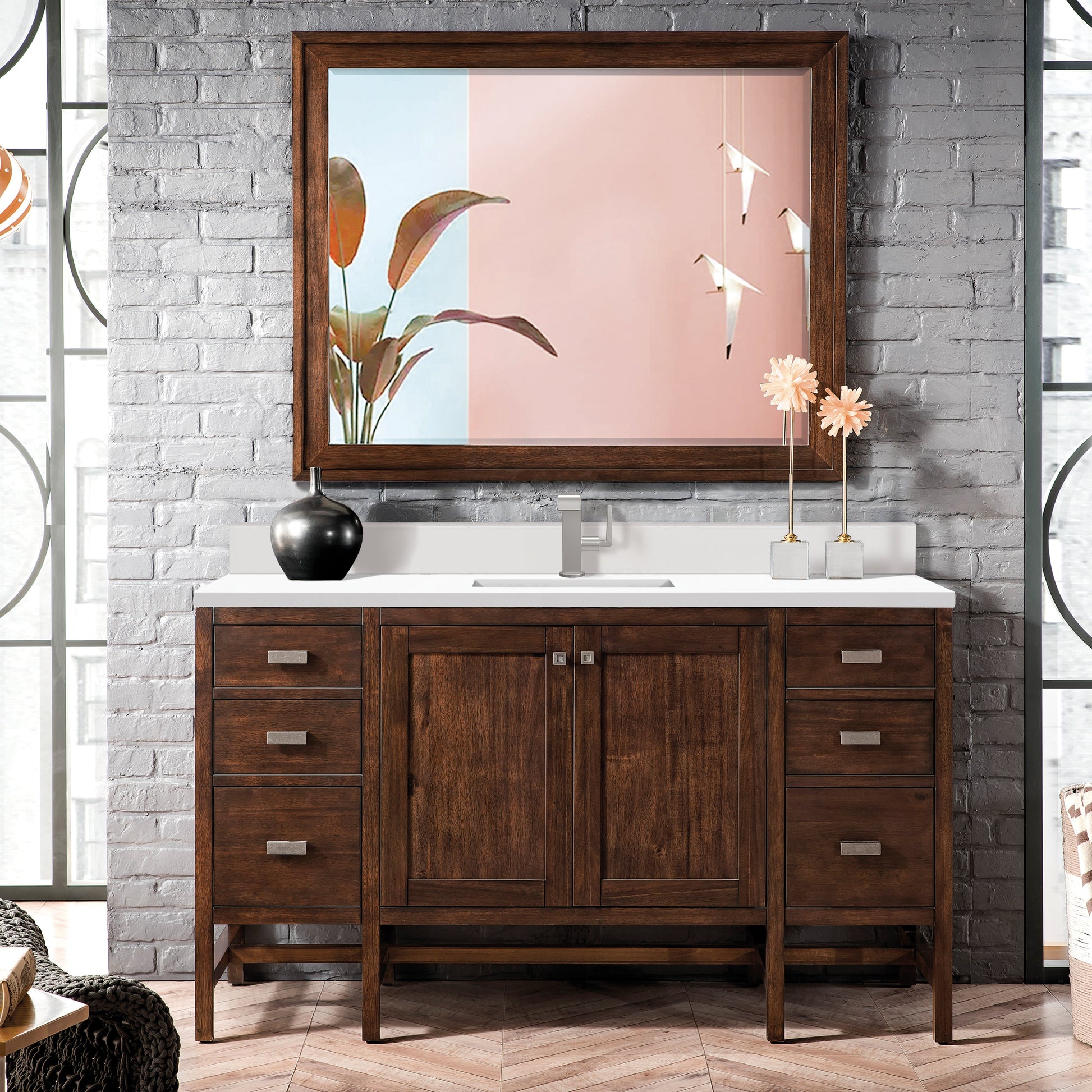 James Martin Vanities Addison 60" Mid-Century Acacia Single Vanity With Single Hole 3cm White Zeus Quartz Top & Backsplash