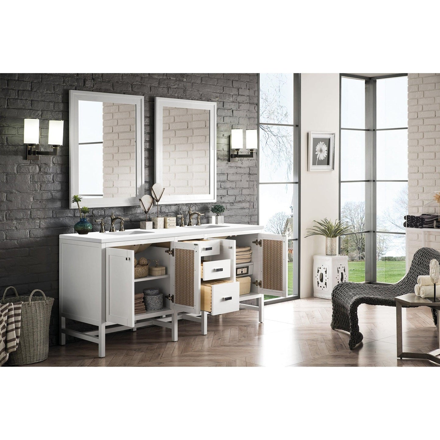 James Martin Vanities Addison 72" Glossy White Double Vanity Cabinet With 3cm White Zeus Quartz Top