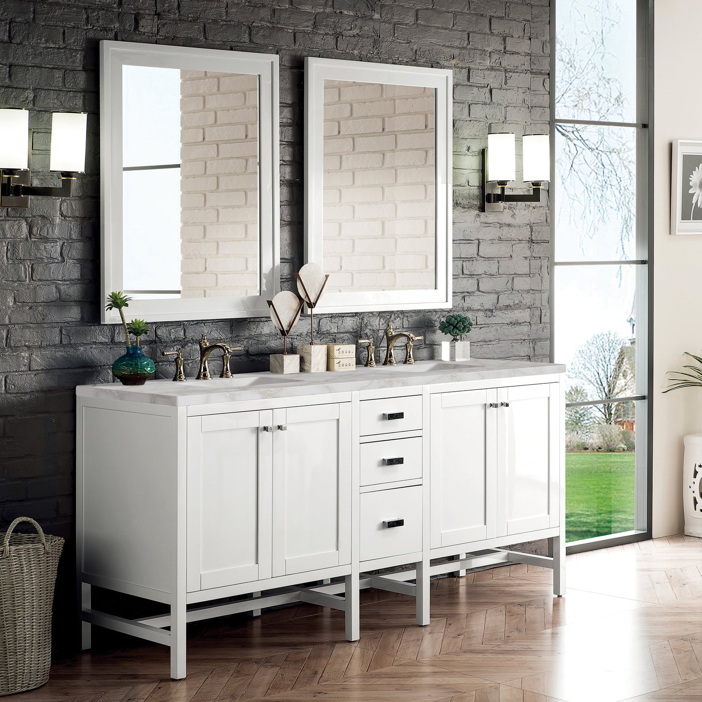 James Martin Vanities Addison 72" Glossy White Double Vanity With 3cm Victorian Silver Quartz Top