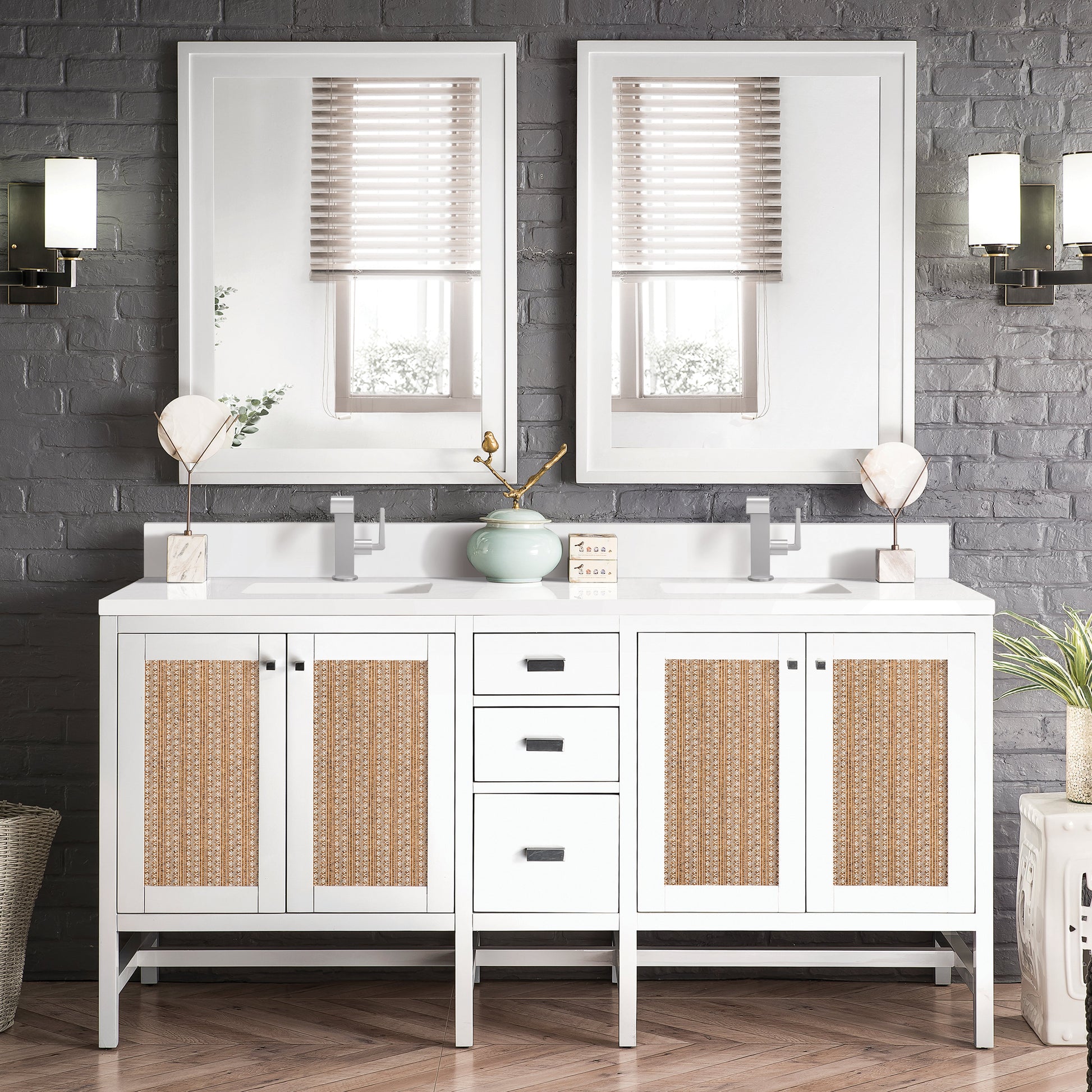 James Martin Vanities Addison 72" Glossy White Double Vanity With Single Hole 3cm White Zeus Quartz Top & Backsplash