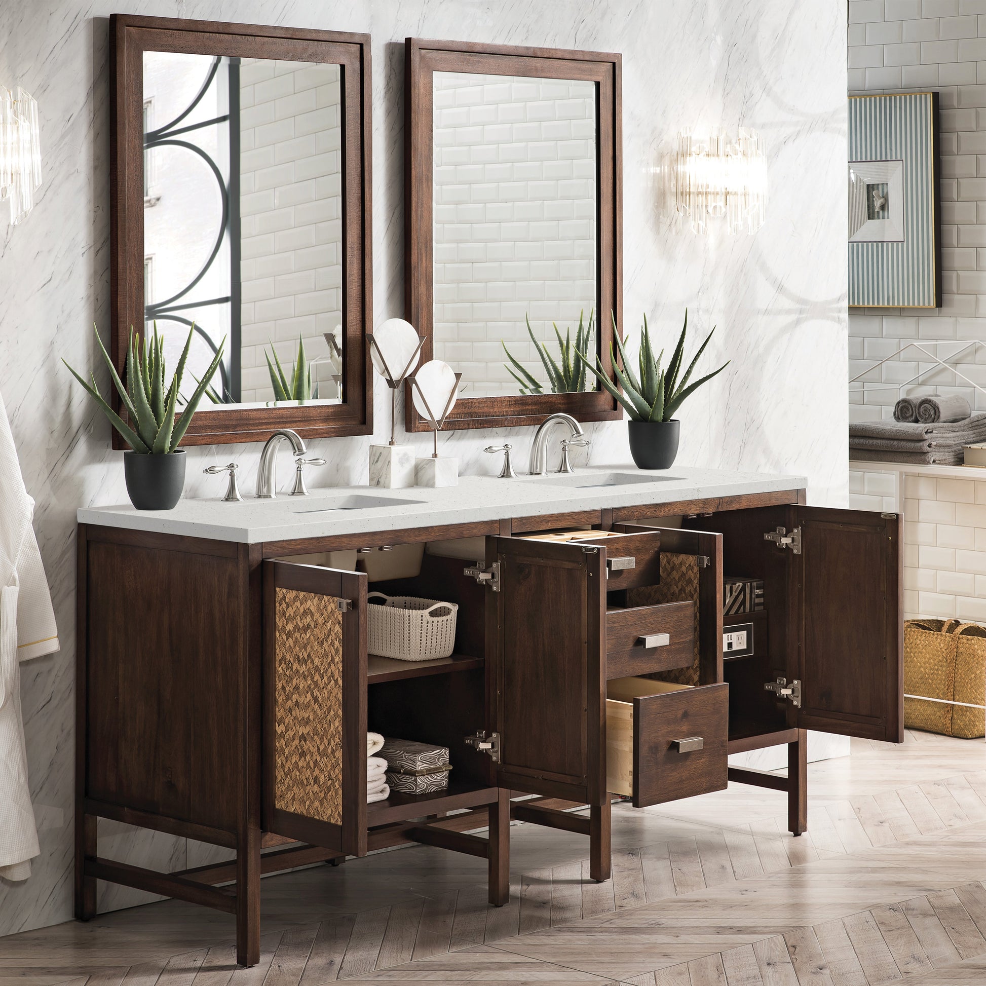 James Martin Vanities Addison 72" Mid-Century Acacia Double Vanity With 3cm Lime Delight Quartz Top