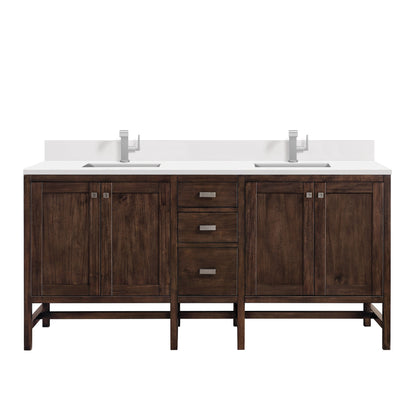 James Martin Vanities Addison 72" Mid-Century Acacia Double Vanity With Single Hole 3cm White Zeus Quartz Top & Backsplash