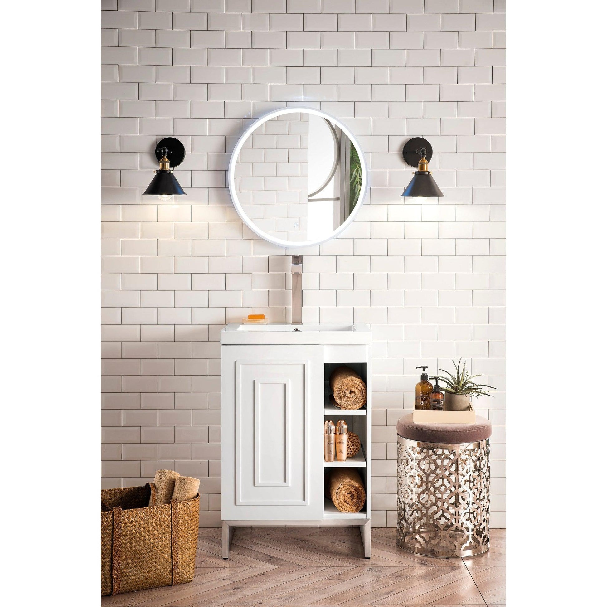 James Martin Vanities Alicante 24" Glossy White, Brushed Nickel Single Vanity Cabinet With White Glossy Composite Countertop