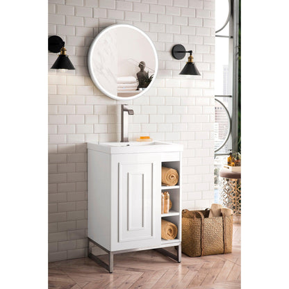 James Martin Vanities Alicante 24" Glossy White, Brushed Nickel Single Vanity Cabinet With White Glossy Composite Countertop