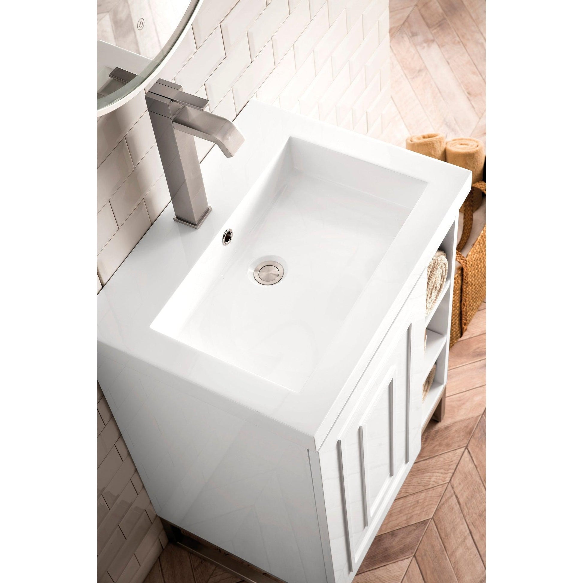 James Martin Vanities Alicante 24" Glossy White, Brushed Nickel Single Vanity Cabinet With White Glossy Composite Countertop