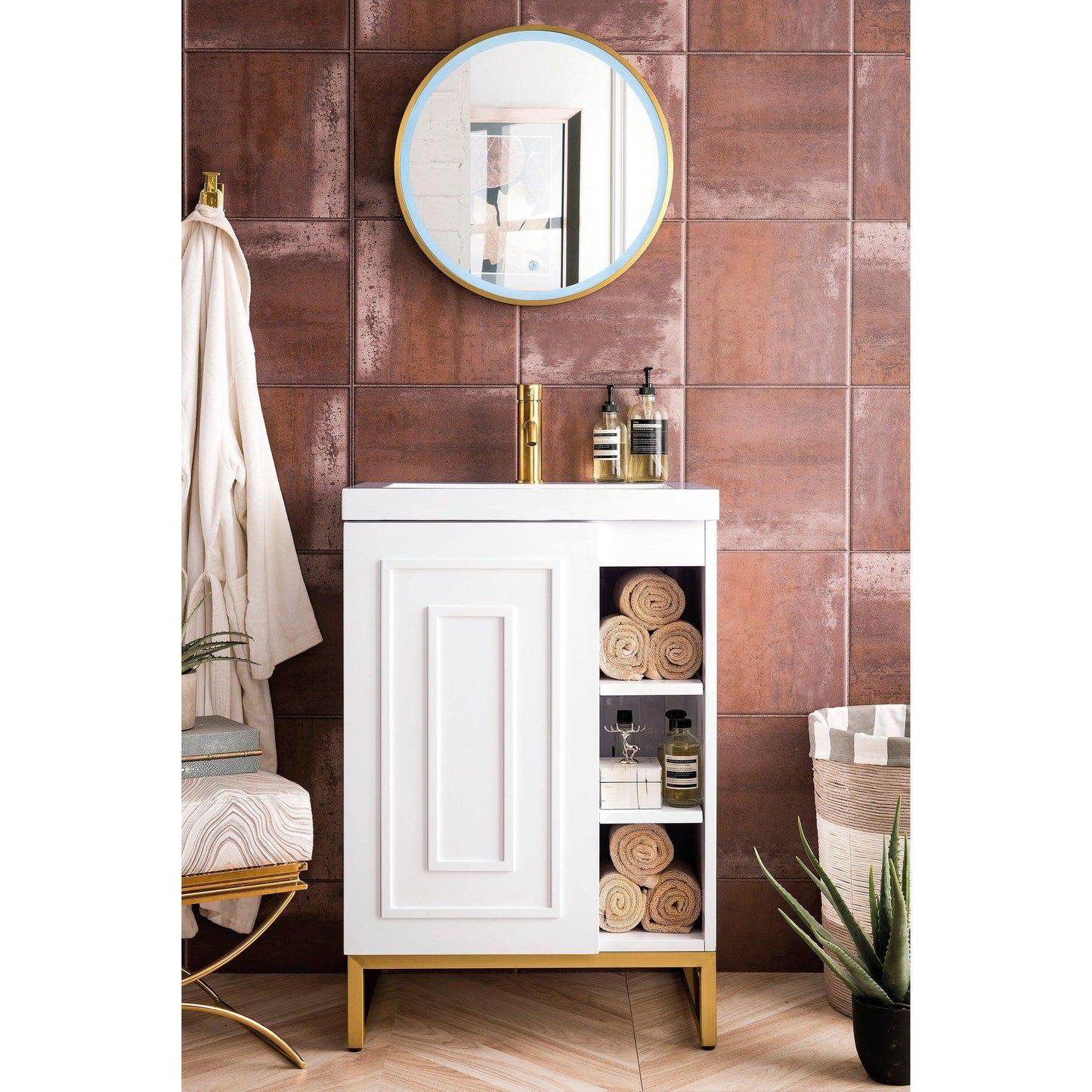 James Martin Vanities Alicante 24" Glossy White, Radiant Gold Single Vanity Cabinet With White Glossy Composite Countertop