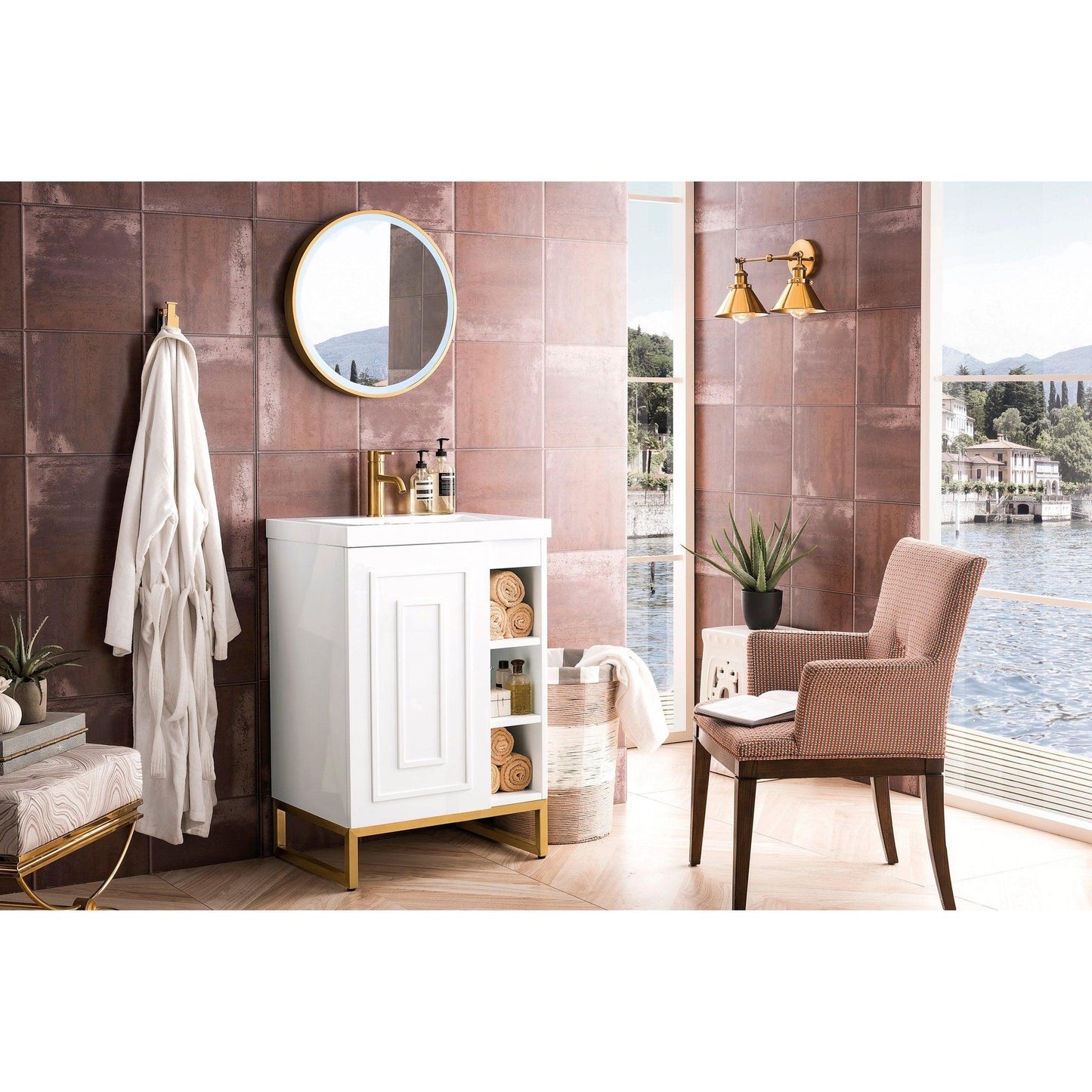 James Martin Vanities Alicante 24" Glossy White, Radiant Gold Single Vanity Cabinet With White Glossy Composite Countertop