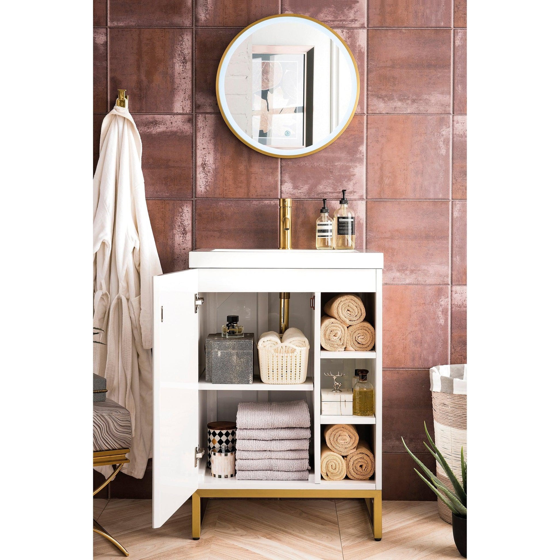 James Martin Vanities Alicante 24" Glossy White, Radiant Gold Single Vanity Cabinet With White Glossy Composite Countertop