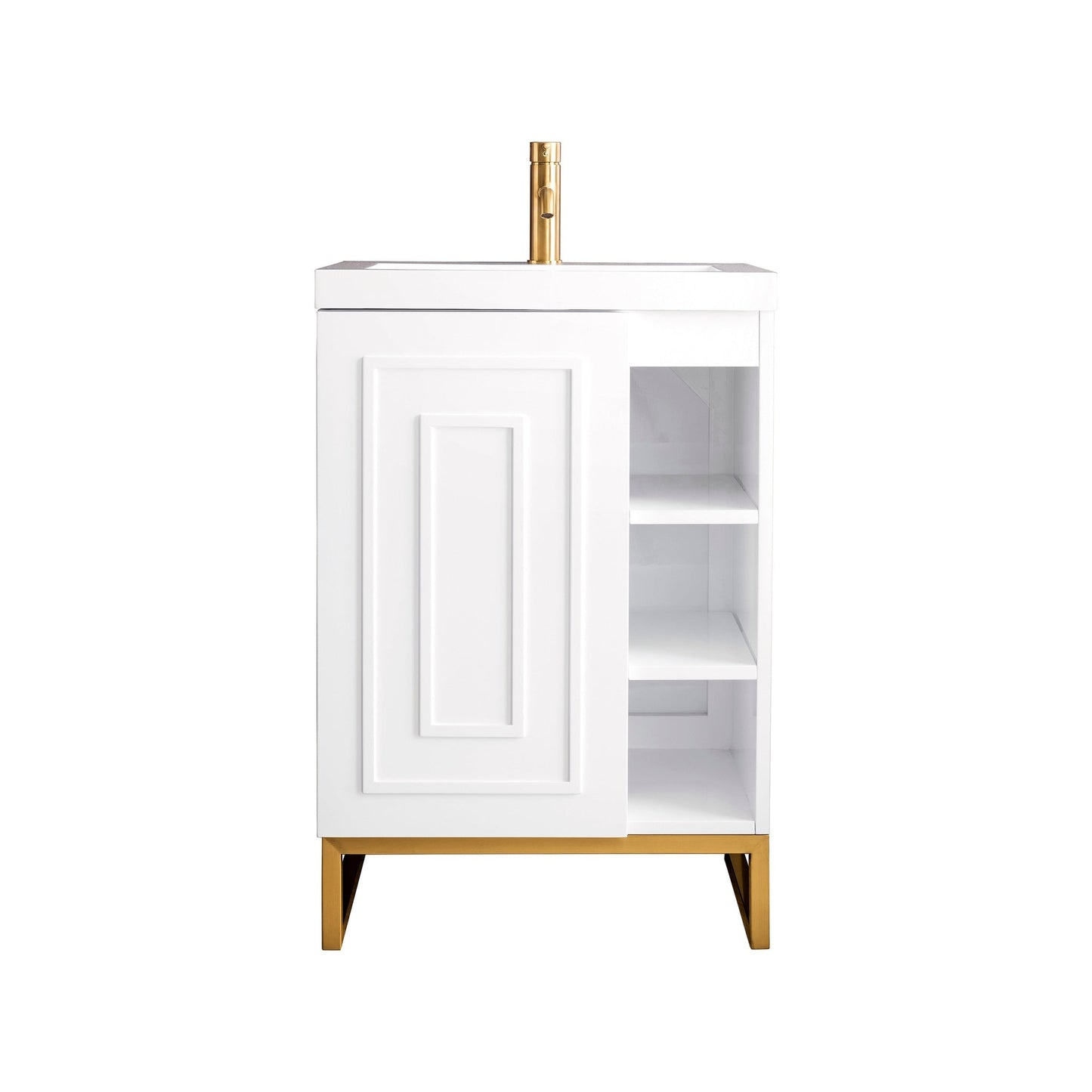 James Martin Vanities Alicante 24" Glossy White, Radiant Gold Single Vanity Cabinet With White Glossy Composite Countertop