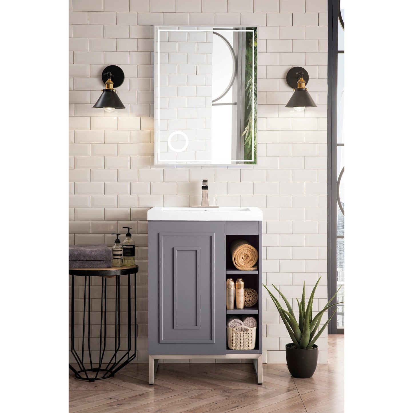 James Martin Vanities Alicante 24" Grey Smoke, Brushed Nickel Single Vanity Cabinet With White Glossy Composite Countertop