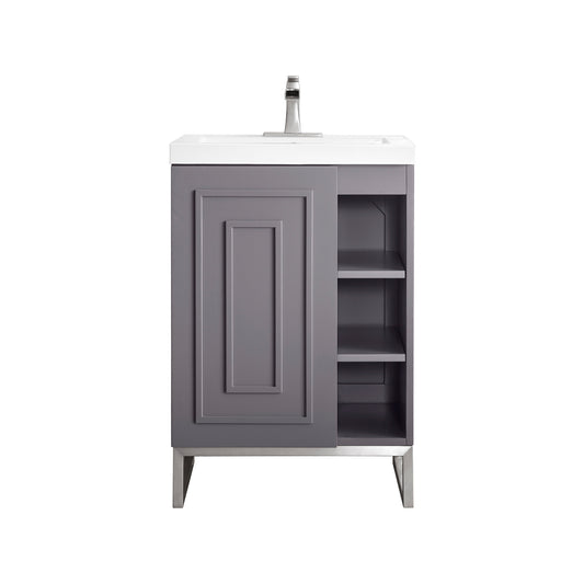 James Martin Vanities Alicante 24" Grey Smoke, Brushed Nickel Single Vanity Cabinet With White Glossy Composite Countertop