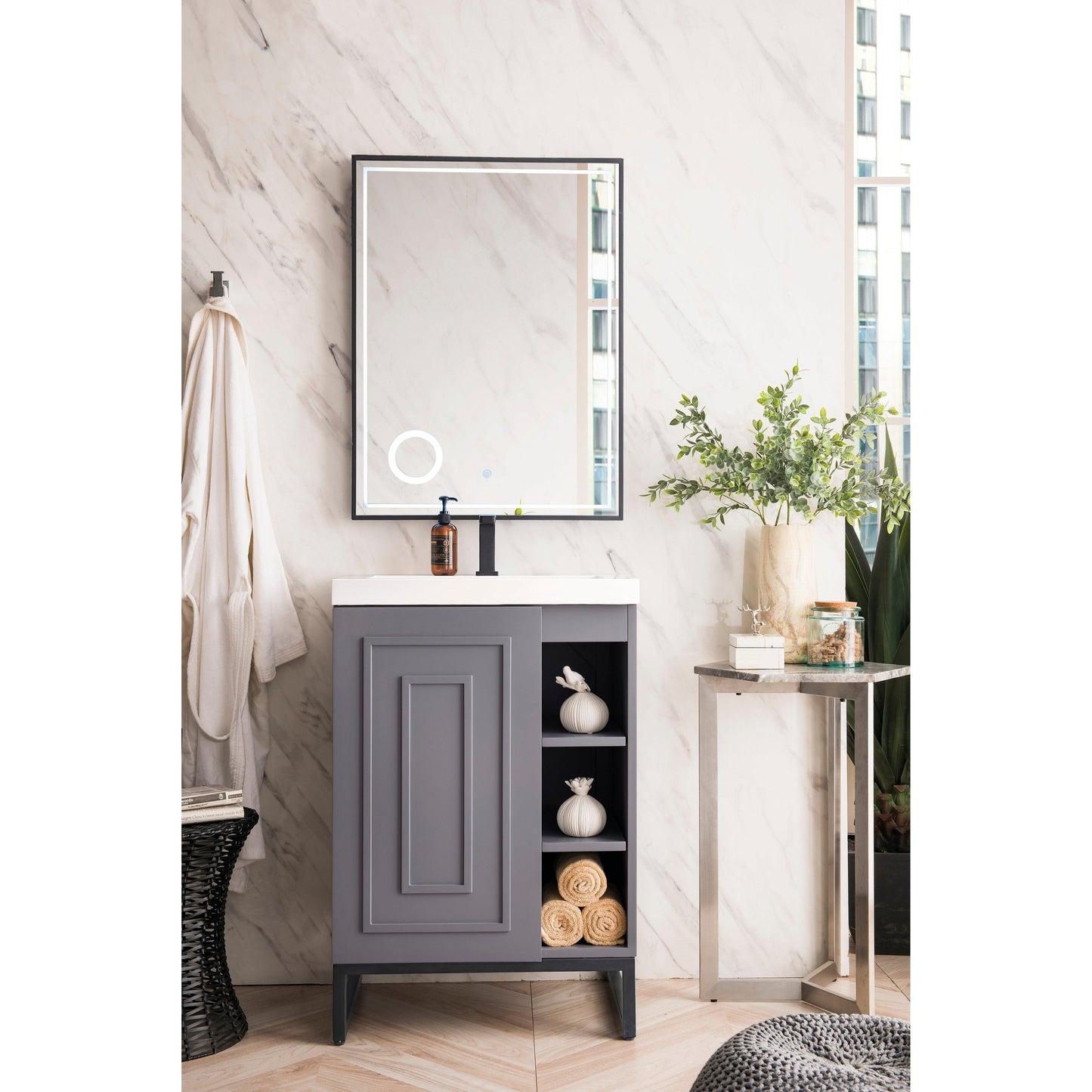 James Martin Vanities Alicante 24" Grey Smoke, Matte Black Single Vanity Cabinet With White Glossy Composite Countertop