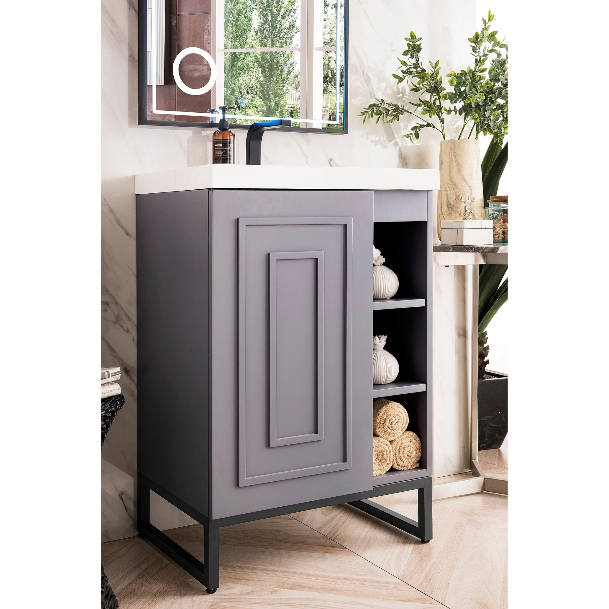 James Martin Vanities Alicante 24" Grey Smoke, Matte Black Single Vanity Cabinet With White Glossy Composite Countertop