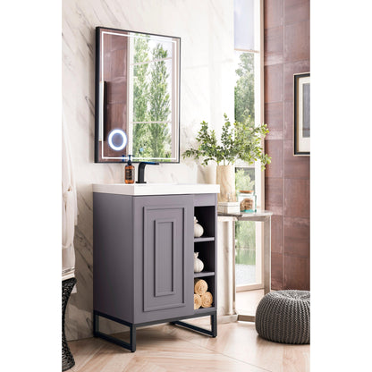 James Martin Vanities Alicante 24" Grey Smoke, Matte Black Single Vanity Cabinet With White Glossy Composite Countertop