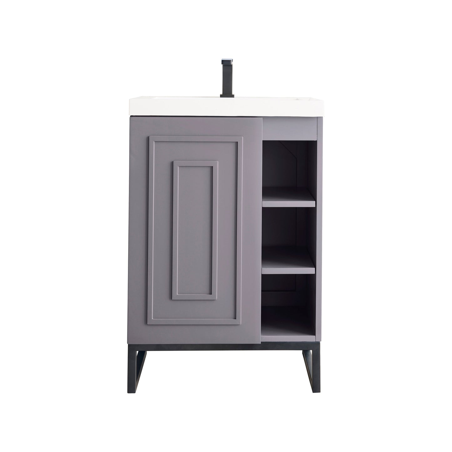 James Martin Vanities Alicante 24" Grey Smoke, Matte Black Single Vanity Cabinet With White Glossy Composite Countertop