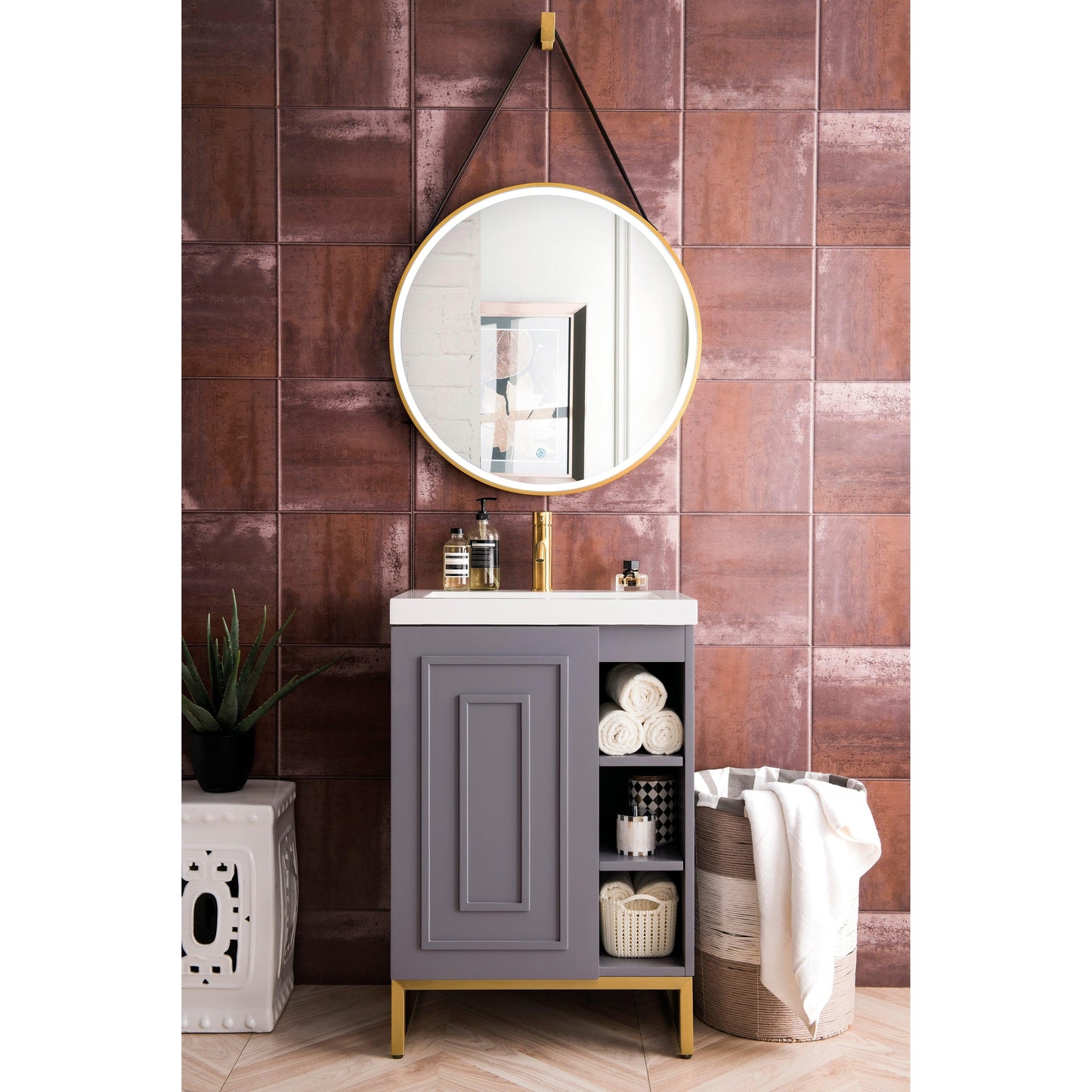 James Martin Vanities Alicante 24" Grey Smoke, Radiant Gold Single Vanity Cabinet With White Glossy Composite Countertop
