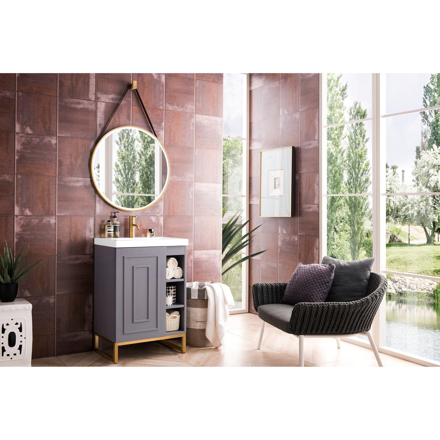 James Martin Vanities Alicante 24" Grey Smoke, Radiant Gold Single Vanity Cabinet With White Glossy Composite Countertop