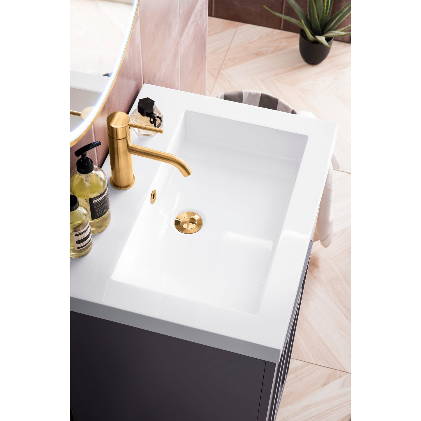 James Martin Vanities Alicante 24" Grey Smoke, Radiant Gold Single Vanity Cabinet With White Glossy Composite Countertop