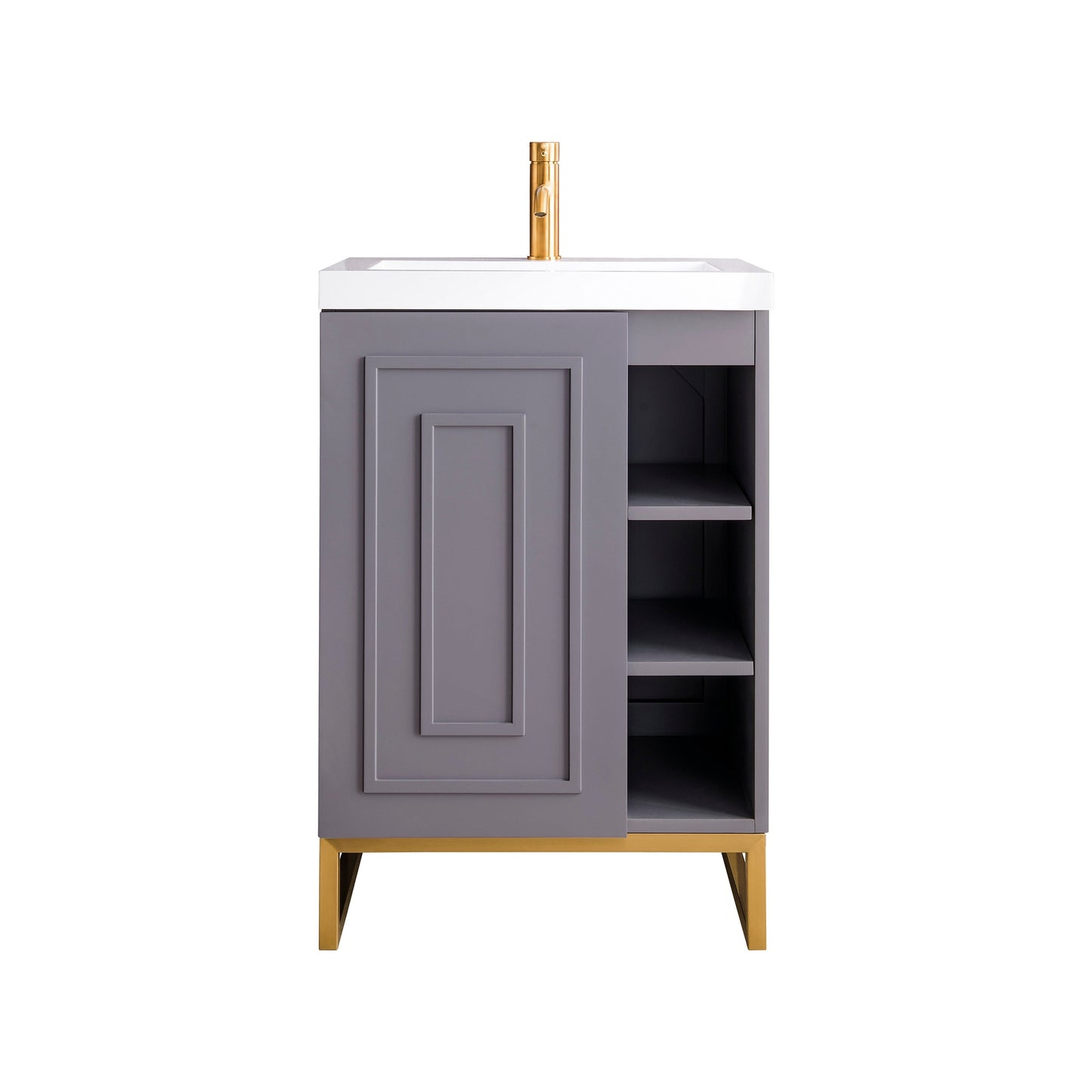 James Martin Vanities Alicante 24" Grey Smoke, Radiant Gold Single Vanity Cabinet With White Glossy Composite Countertop