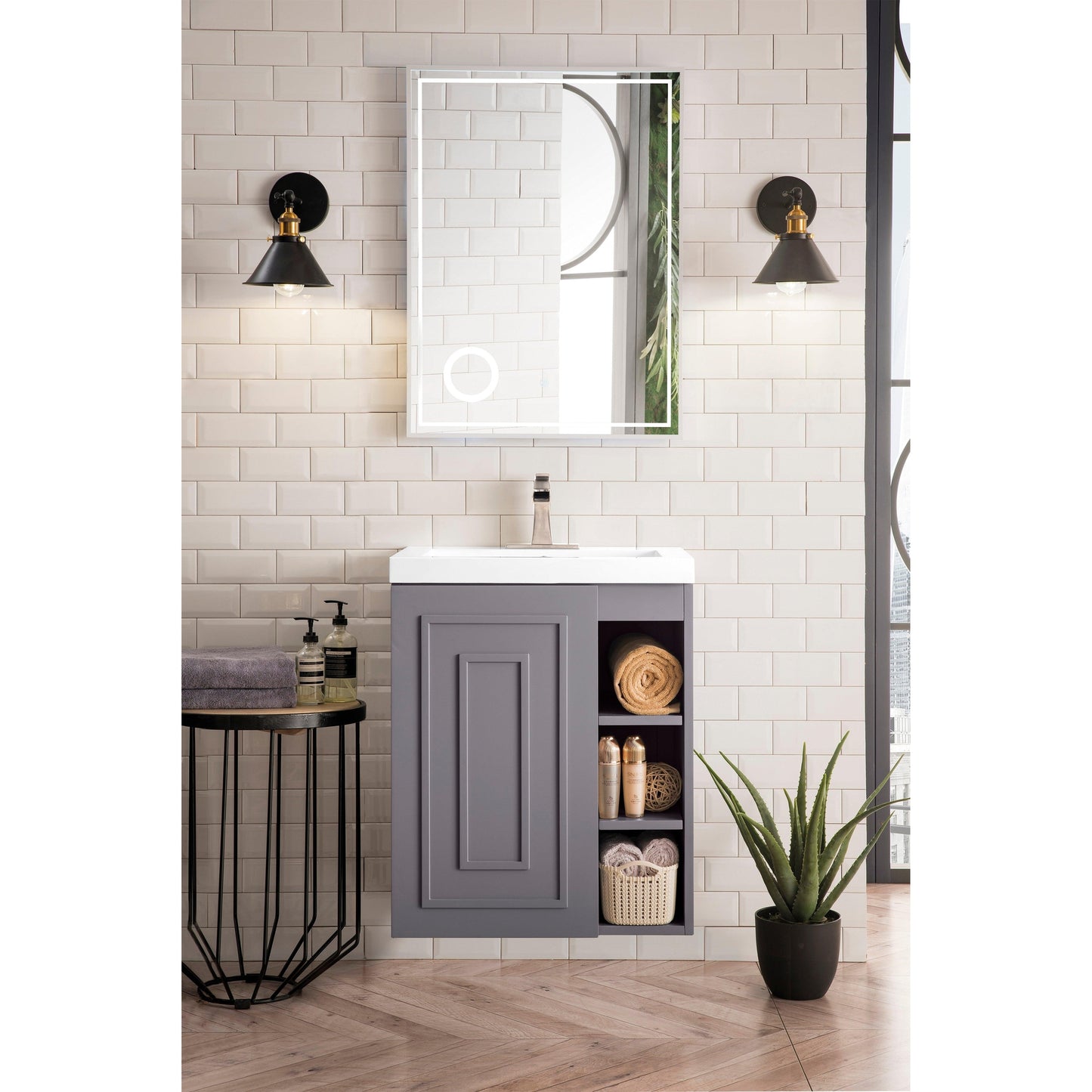 James Martin Vanities Alicante 24" Grey Smoke Single Vanity Cabinet With White Glossy Composite Countertop