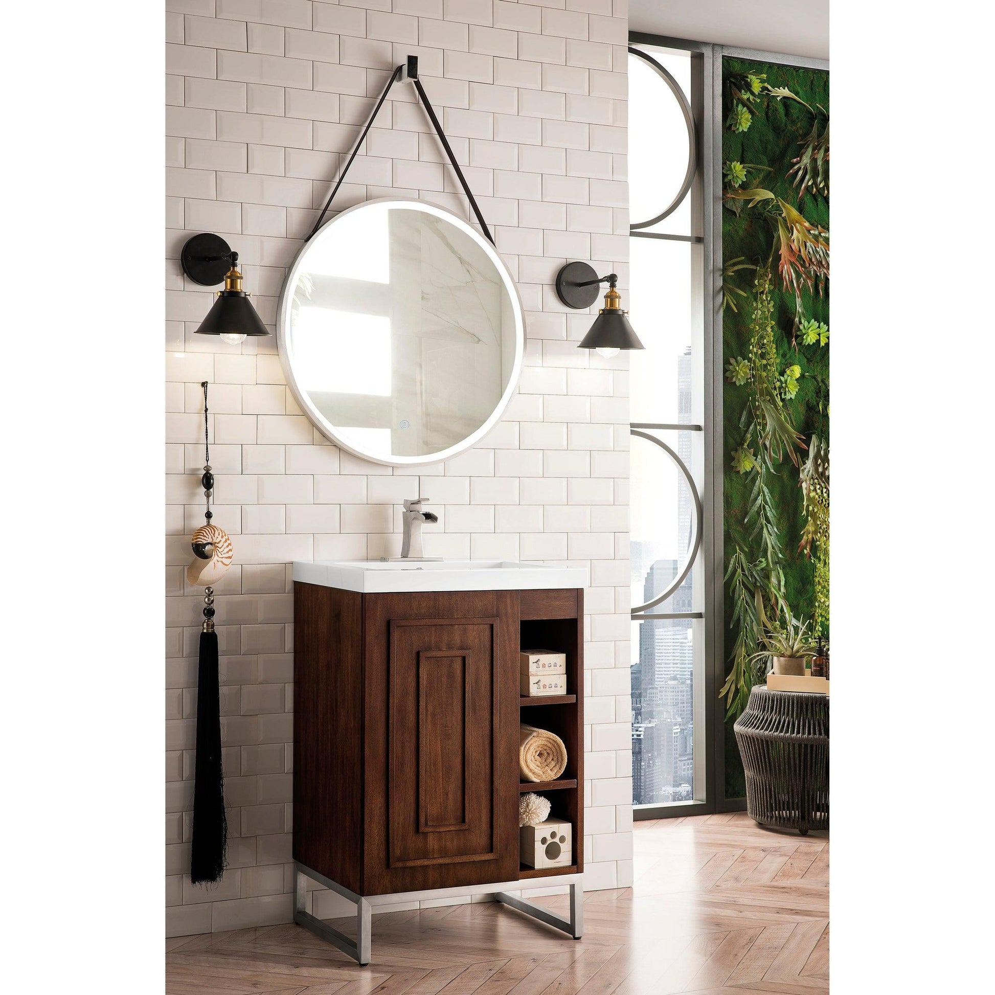 James Martin Vanities Alicante 24" Mid Century Acacia, Brushed Nickel Single Vanity Cabinet With White Glossy Composite Countertop