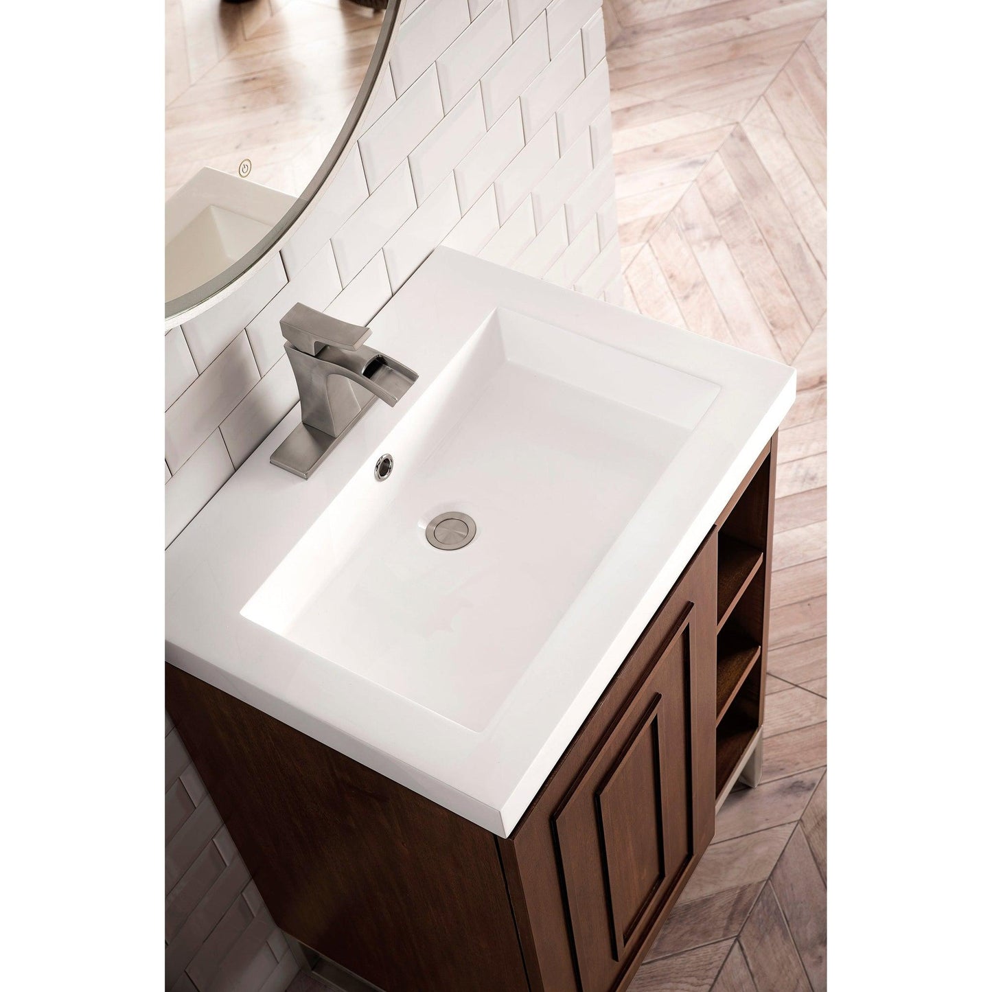 James Martin Vanities Alicante 24" Mid Century Acacia, Brushed Nickel Single Vanity Cabinet With White Glossy Composite Countertop