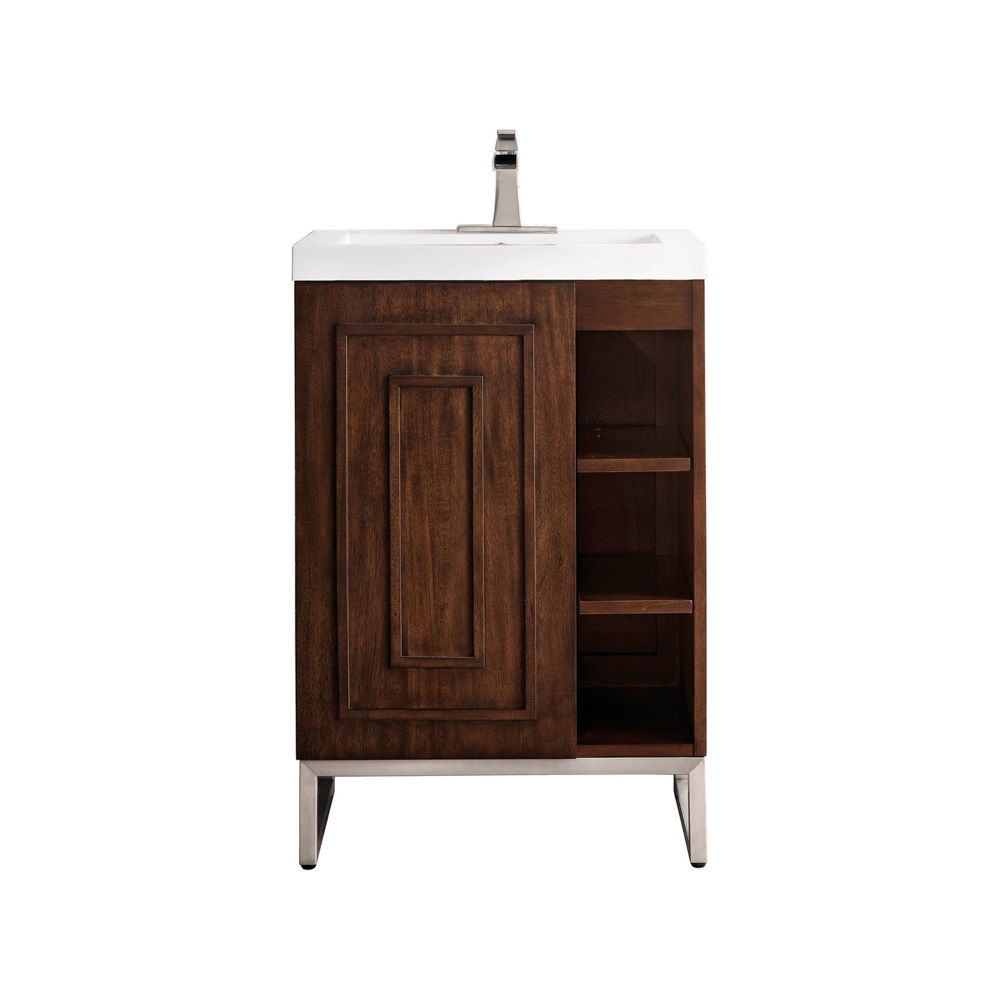 James Martin Vanities Alicante 24" Mid Century Acacia, Brushed Nickel Single Vanity Cabinet With White Glossy Composite Countertop