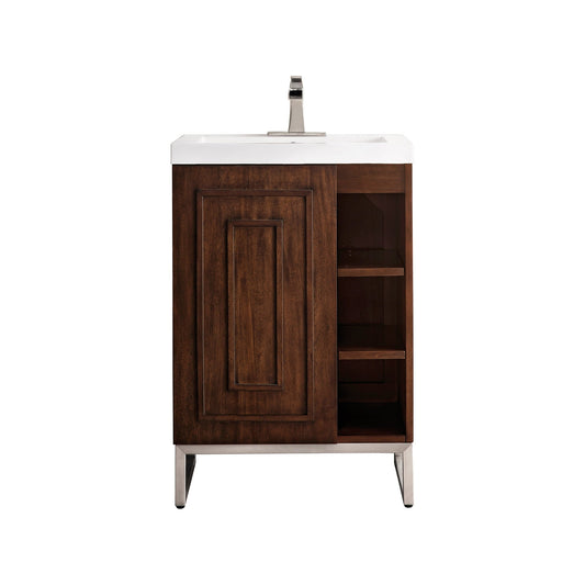 James Martin Vanities Alicante 24" Mid Century Acacia, Brushed Nickel Single Vanity Cabinet With White Glossy Composite Countertop