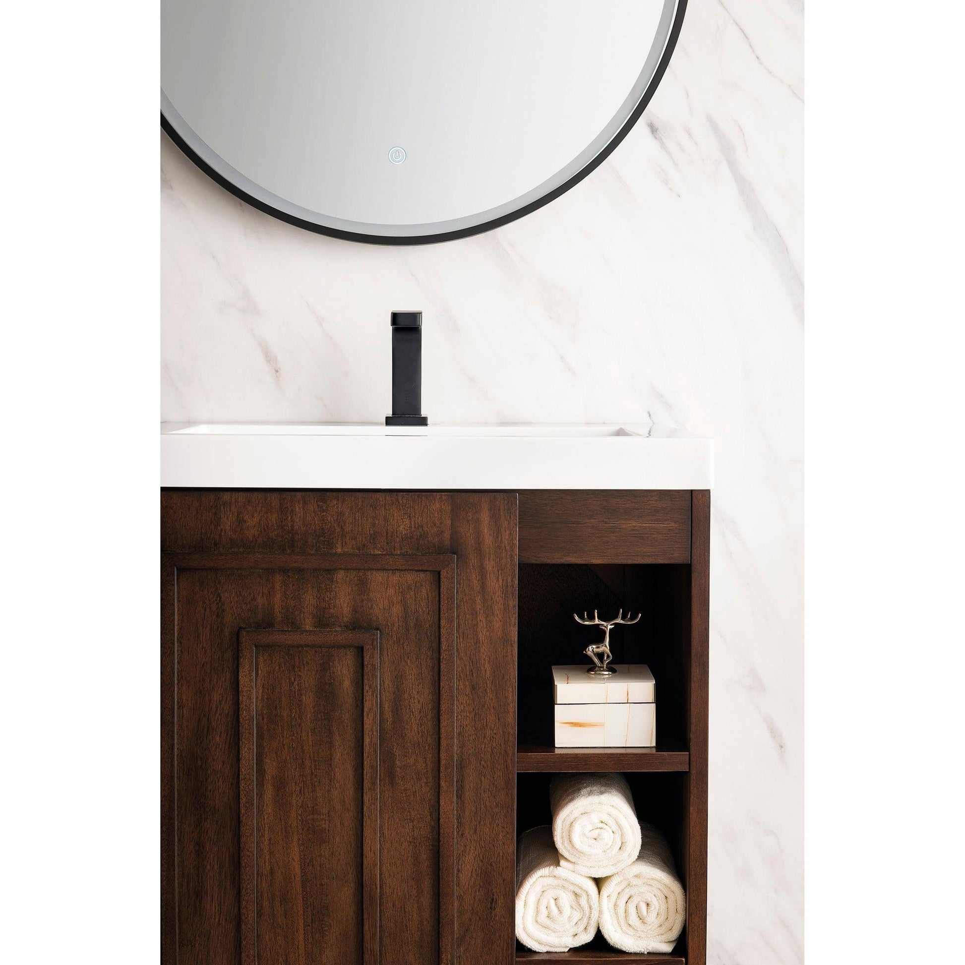 James Martin Vanities Alicante 24" Mid Century Acacia, Matte Black Single Vanity Cabinet With White Glossy Composite Countertop
