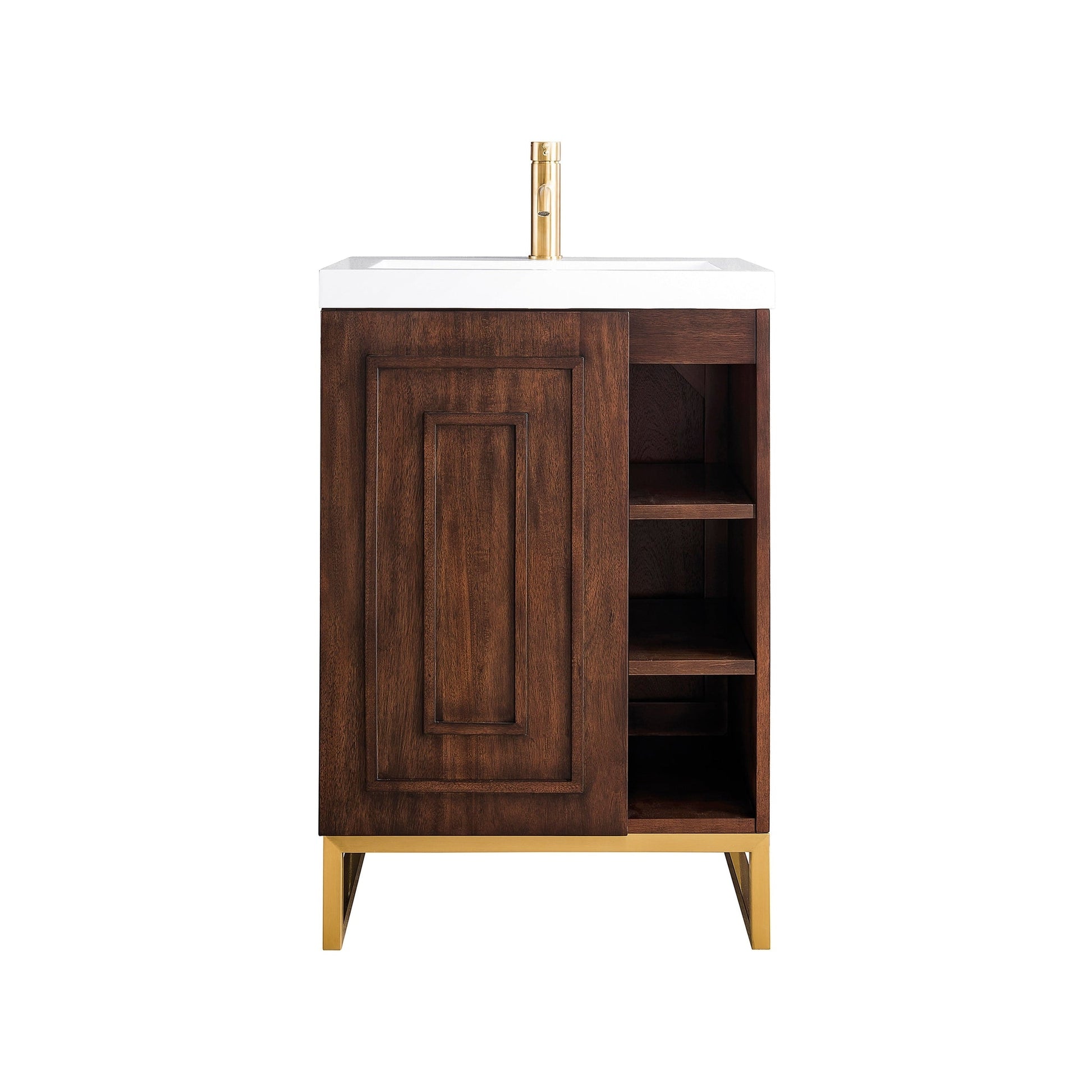 James Martin Vanities Alicante 24" Mid Century Acacia, Radiant Gold Single Vanity Cabinet With White Glossy Composite Countertop