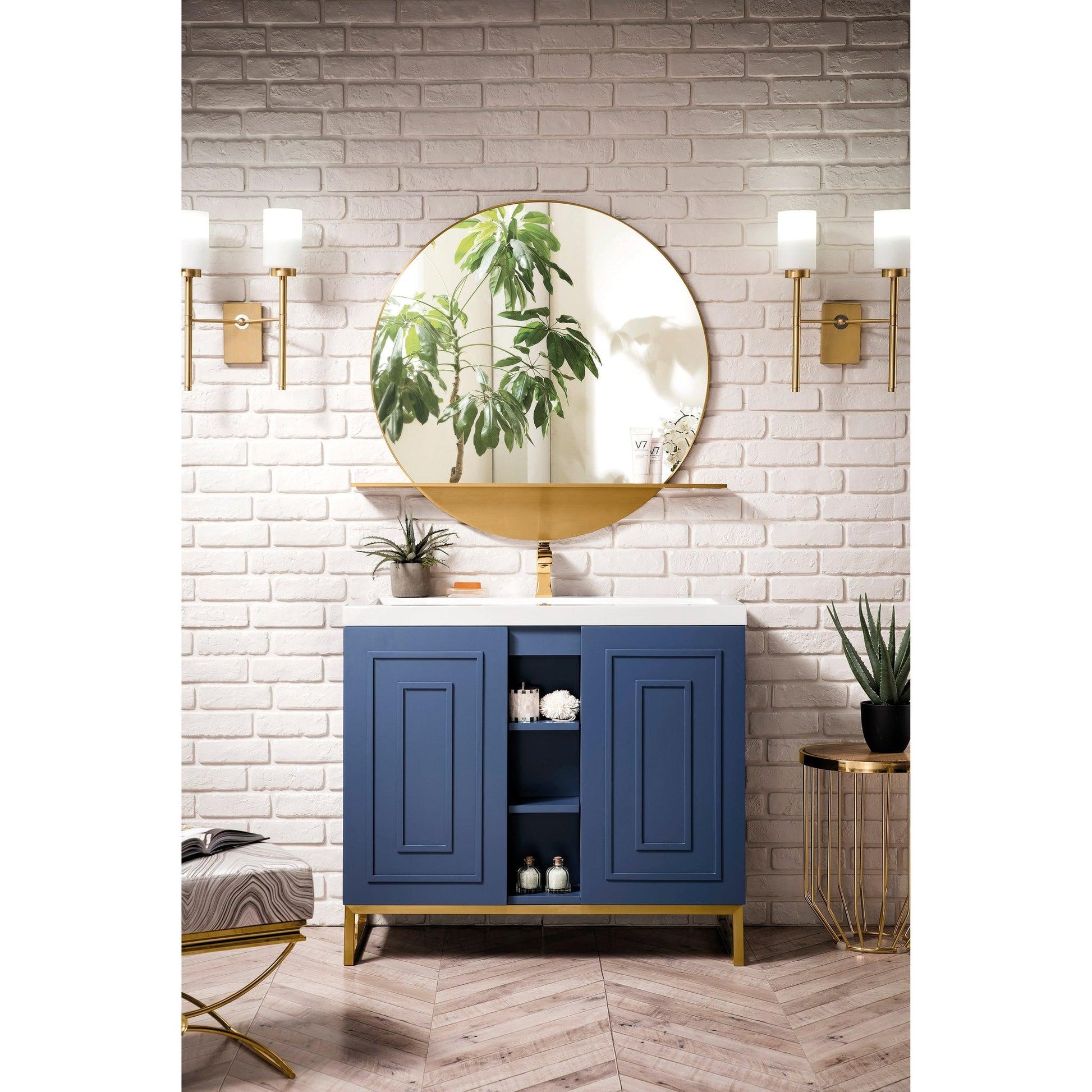 James Martin Vanities Alicante 39.5" Azure Blue, Radiant Gold Single Vanity Cabinet With White Glossy Composite Countertop