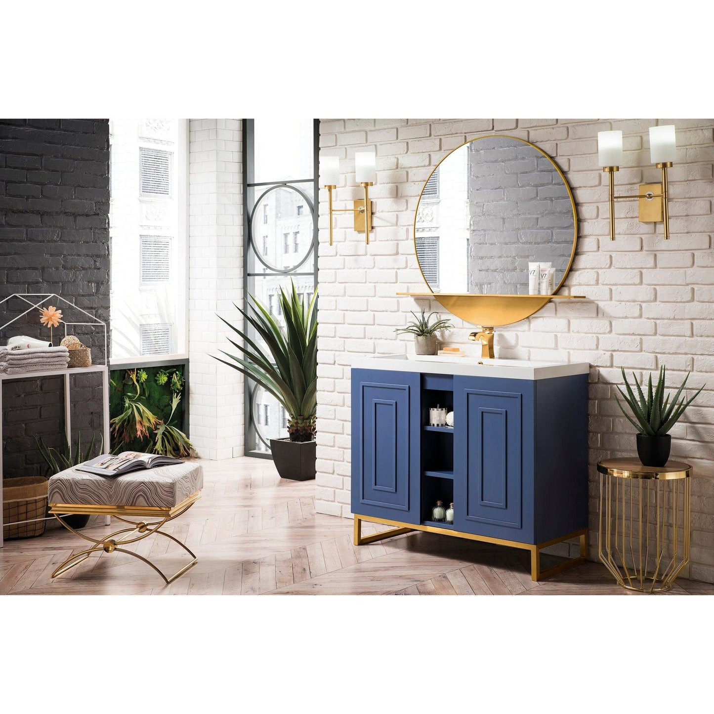 James Martin Vanities Alicante 39.5" Azure Blue, Radiant Gold Single Vanity Cabinet With White Glossy Composite Countertop