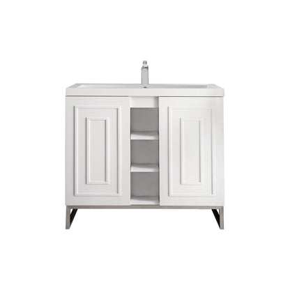 James Martin Vanities Alicante 39.5" Glossy White, Brushed Nickel Single Vanity Cabinet With White Glossy Composite Countertop
