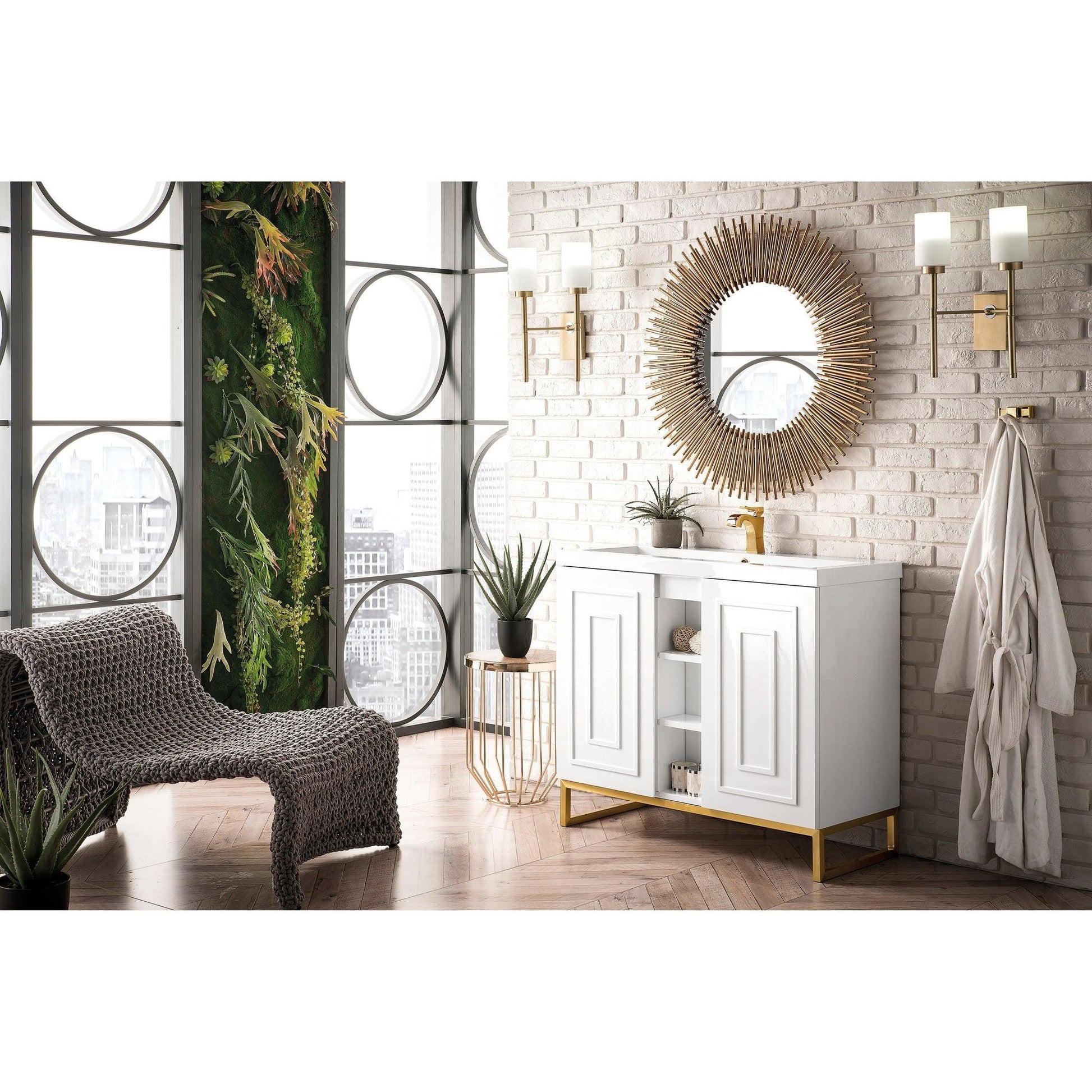 James Martin Vanities Alicante 39.5" Glossy White, Radiant Gold Single Vanity Cabinet With White Glossy Composite Countertop