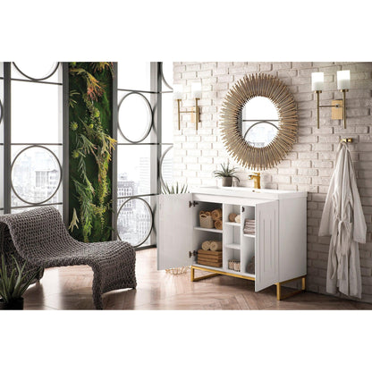 James Martin Vanities Alicante 39.5" Glossy White, Radiant Gold Single Vanity Cabinet With White Glossy Composite Countertop