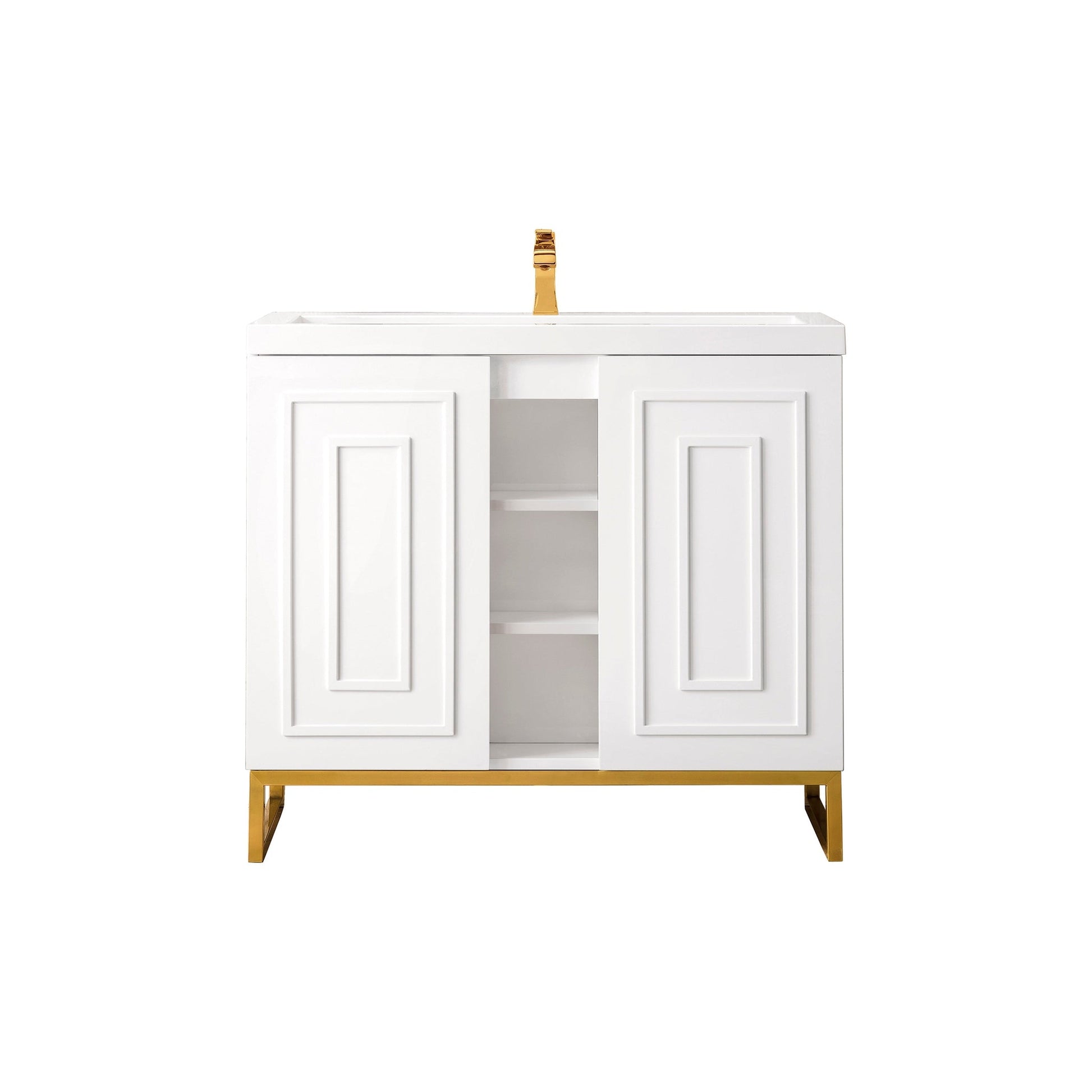 James Martin Vanities Alicante 39.5" Glossy White, Radiant Gold Single Vanity Cabinet With White Glossy Composite Countertop