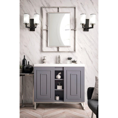 James Martin Vanities Alicante 39.5" Grey Smoke, Brushed Nickel Single Vanity Cabinet With White Glossy Composite Countertop