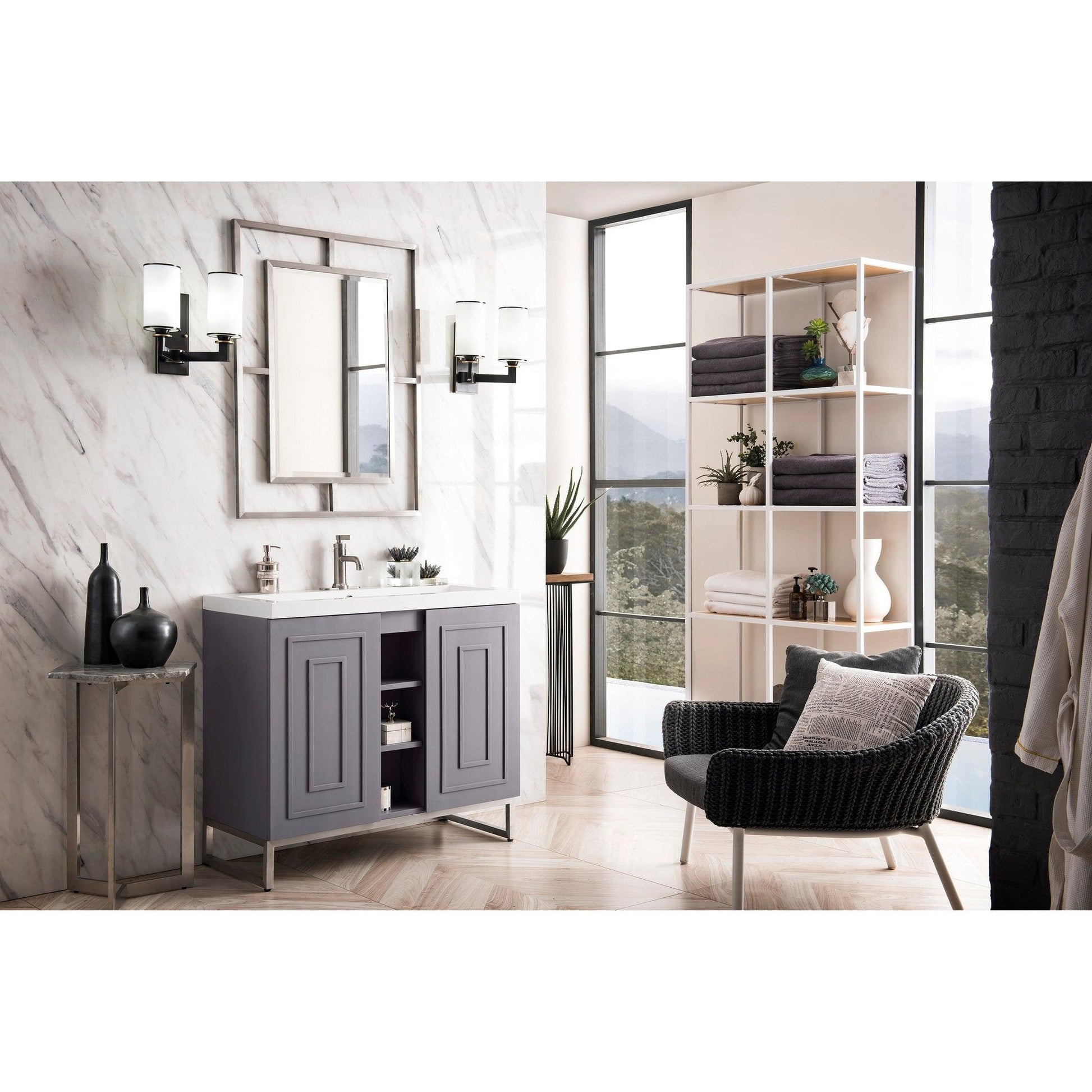 James Martin Vanities Alicante 39.5" Grey Smoke, Brushed Nickel Single Vanity Cabinet With White Glossy Composite Countertop