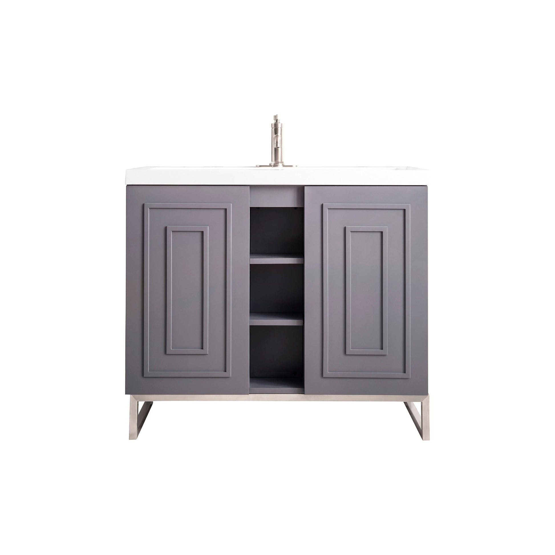 James Martin Vanities Alicante 39.5" Grey Smoke, Brushed Nickel Single Vanity Cabinet With White Glossy Composite Countertop