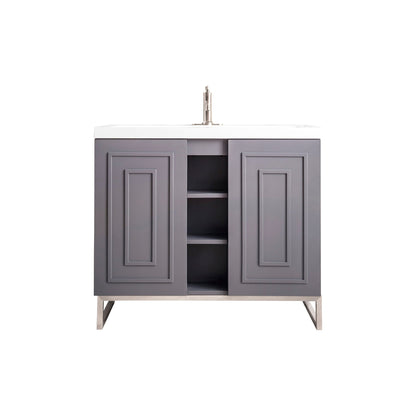 James Martin Vanities Alicante 39.5" Grey Smoke, Brushed Nickel Single Vanity Cabinet With White Glossy Composite Countertop